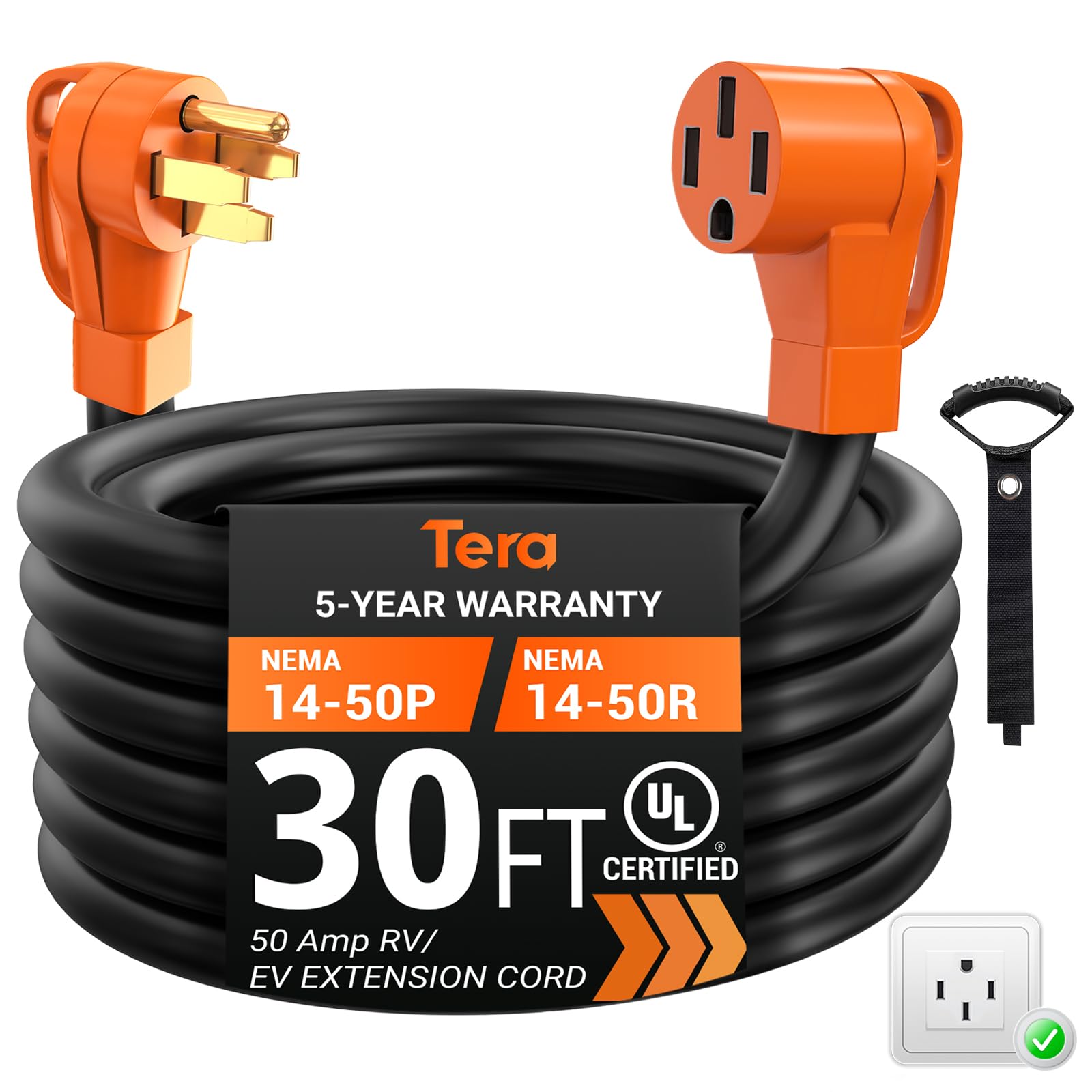 50 Amp RV & EV Extension Cord 30 FT - Heavy Duty NEMA 14-50P to 14-50R 250V Power Cord with Grip Handle | UL Listed 4 Prong 6/3+8/1 Gauge STW Cable | Compatible with Tesla, J1772 & RV Power | Perfect for Camping, Road Trips & EV Charging
