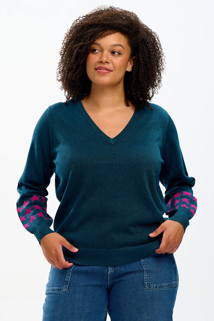 Marcella V Neck Jumper Sweater for Women - Teal & Starlight Color Block Pullover - Cozy Winter Knitwear for Casual Outfits & Office Wear