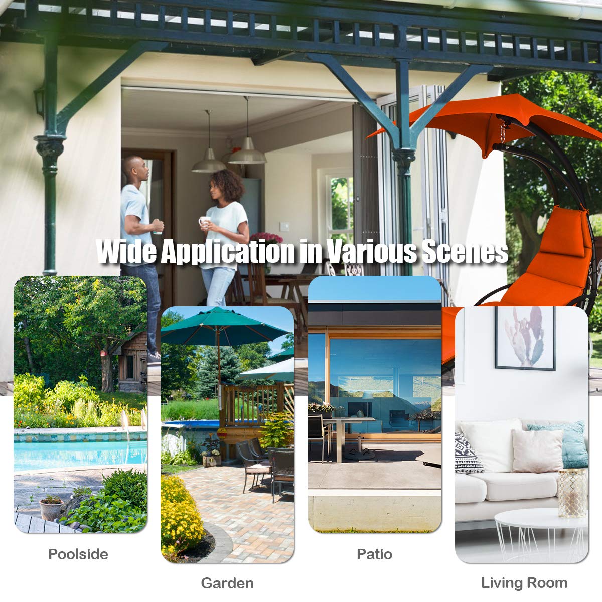 **Arc Stand Hanging Chaise Lounger Chair with Canopy, Cushion & Built-in Pillow – Freestanding Outdoor Swing Hammock for Backyard, Patio, Poolside (Orange) – Perfect for Relaxing, Sunbathing & Lounging**