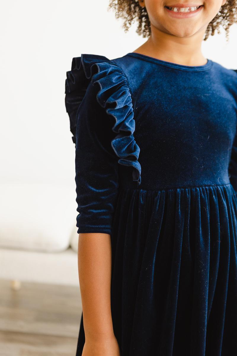 Navy Blue Velvet Ruffle Twirl Dress for Girls | Elegant Party Dress for Weddings, Holidays & Special Occasions