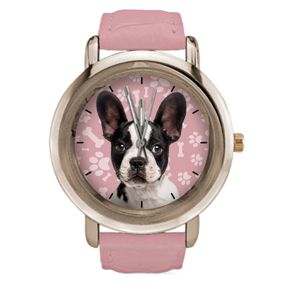 Boston Terrier Dog Watch - Rose Gold Leather Strap with Printed Dog Pattern | Perfect Gift for Dog Lovers & Casual Everyday Wear