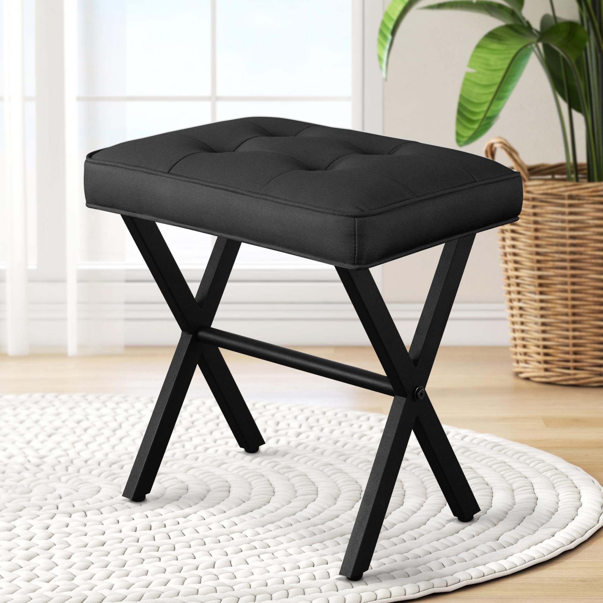 Vanity Stool with Upholstered Seat & Metal X-Legs - Makeup Stool Ottoman Chair for Dressing Room, Bedroom, Bathroom & Living Room - Comfortable Padded Footrest Seat for Entryway & Home Decor (Black)