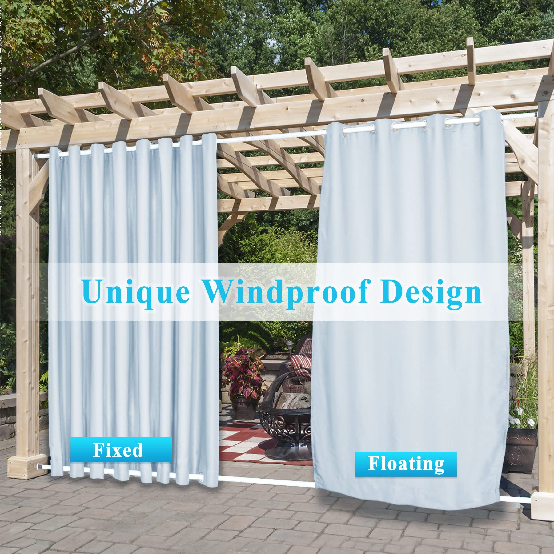 Frement Extra Long Outdoor Curtains - 84W x 120L Windproof Thermal Insulated Window Drapes for Patio, Porch & Canopy - Sky Blue Waterproof Curtain Panels with Anti-Rust Grommets (1 Panel) - Perfect for Sun Protection, Privacy & Outdoor Decor