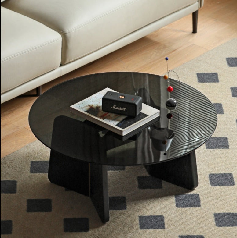 Solid Oak Wood Smoky Coffee Table with Glass Top - Modern Living Room Furniture for Home Decor
