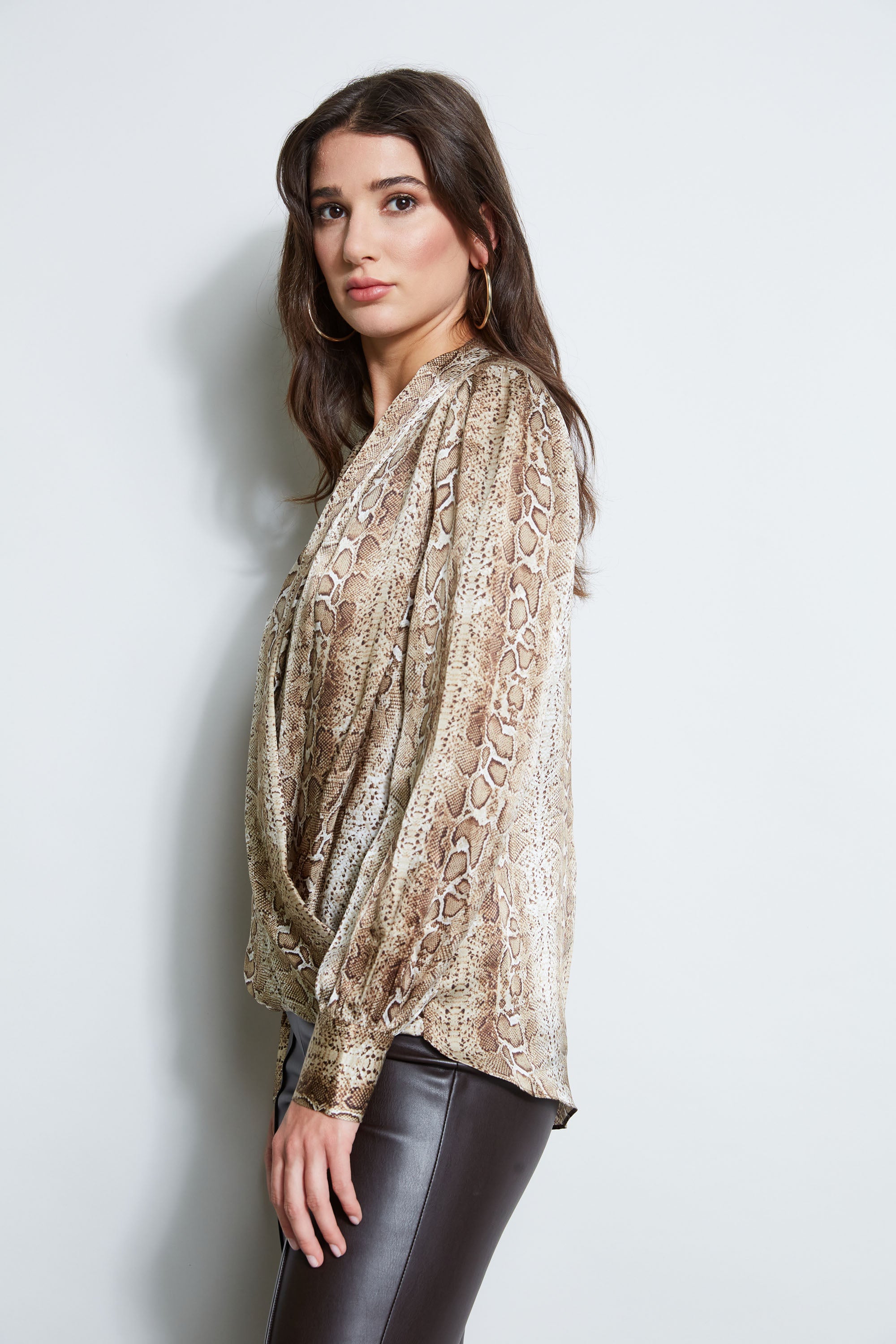 Silk Satin Python Print Draped Shirt for Women - Elegant Blouse for Party, Evening & Special Occasions