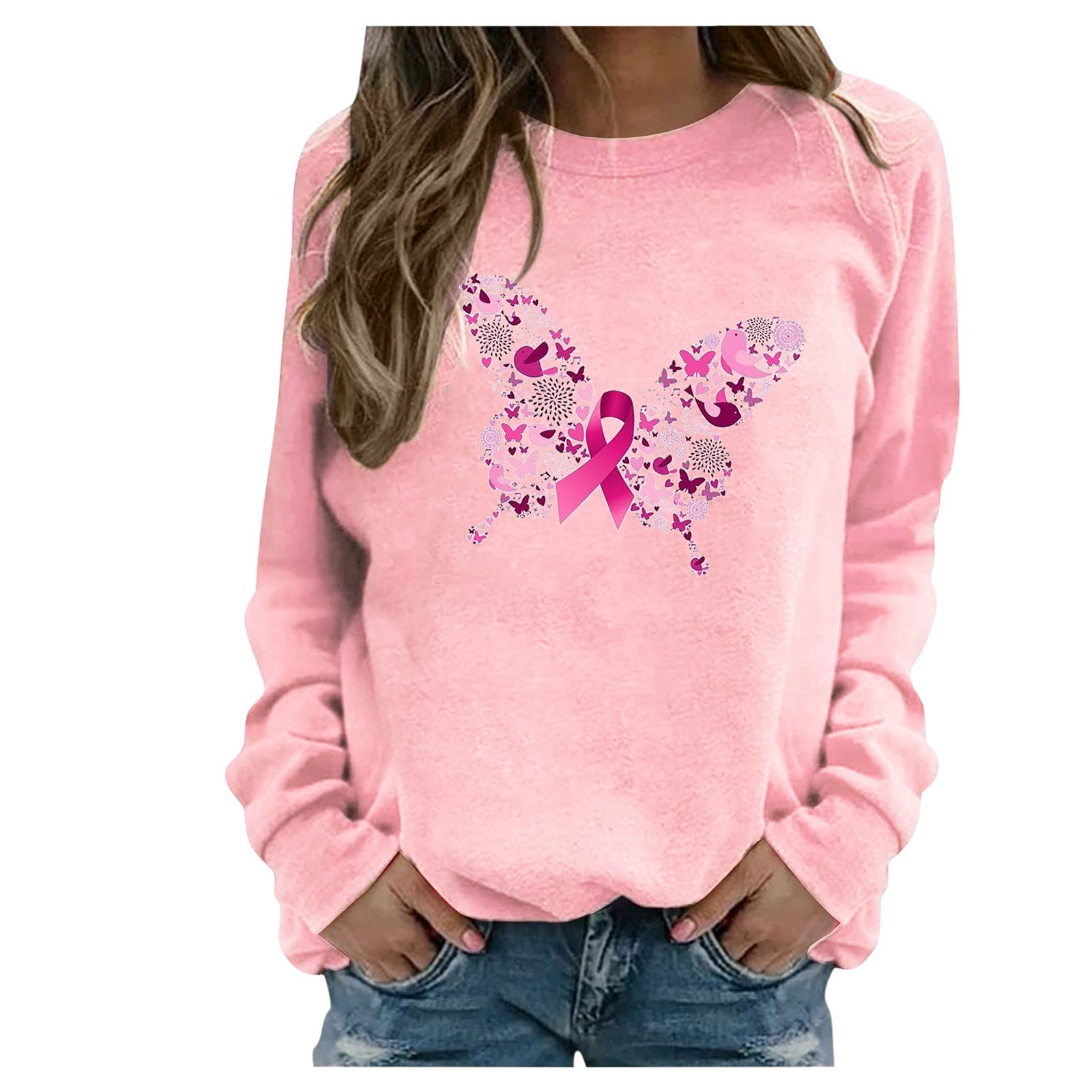 Women's Pink Ribbon Butterfly Floral Print Long Sleeve Sweatshirt - Breast Cancer Awareness Pullover for Fight Survivors & Supporters | Comfortable Casual Wear for Fundraisers, Walks, and Everyday Support