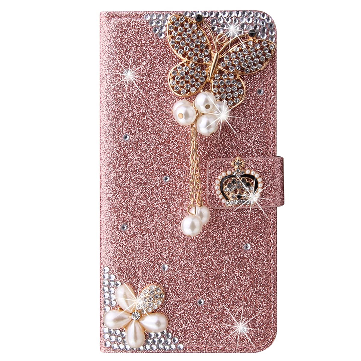 Luxury Bling Glitter Crown Butterfly Diamond Wallet Case for iPhone 13 Pro 6.1 Inch - Flip Cover with Card Slot for Women (Rose Gold) | Perfect for Parties, Dating & Everyday Use