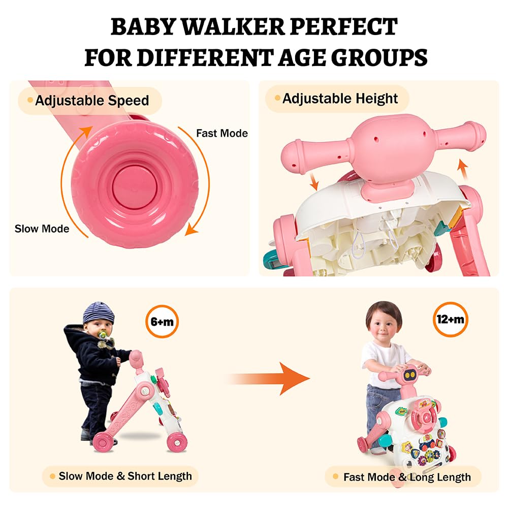 2 in 1 Baby Push Walker & Activity Toy - Adjustable Learning Walker with Wheels, Lights & Music for 6-18 Month Old Boys & Girls - Perfect for First Steps & Early Development at Home
