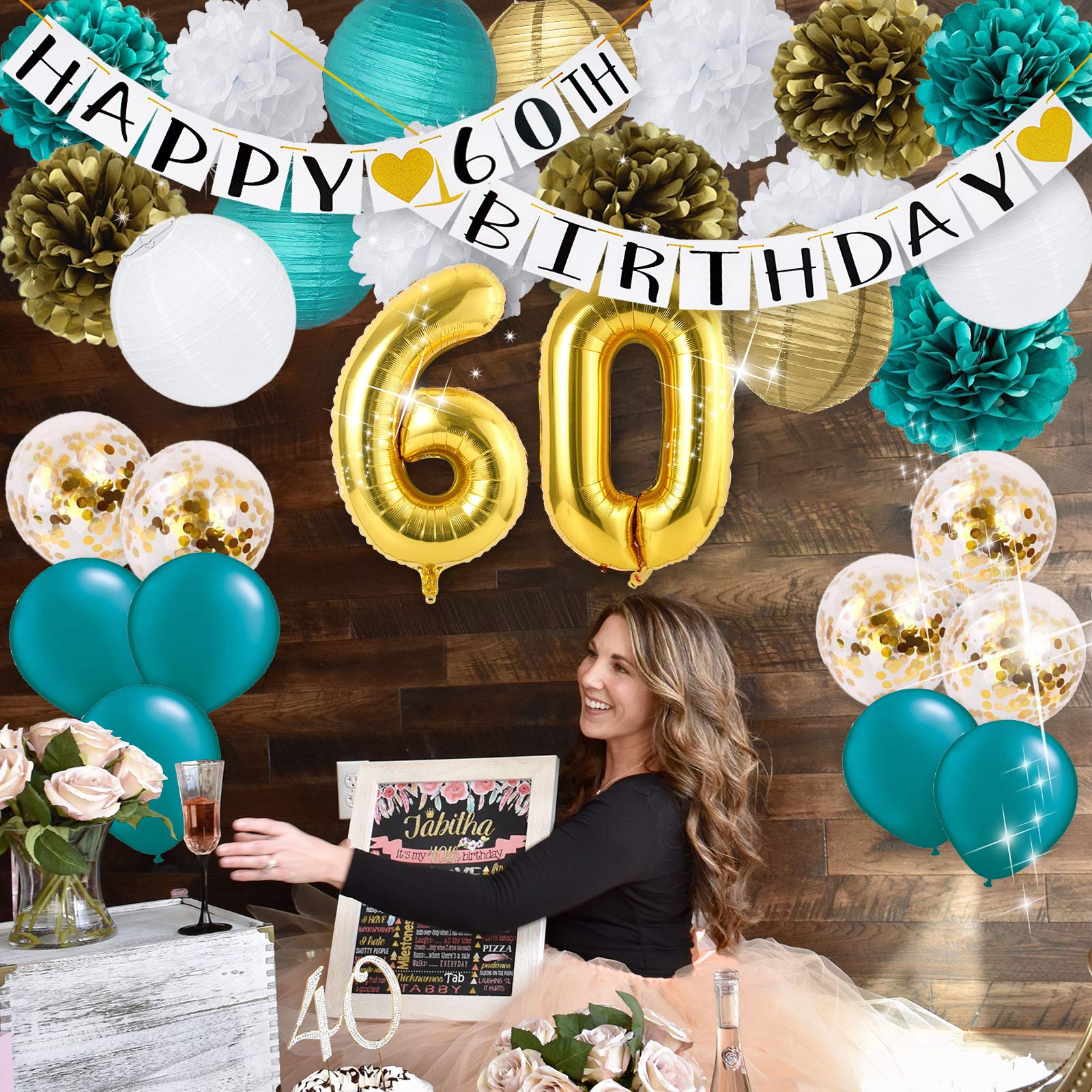 Elegant Teal & Gold 60th Birthday Party Decorations Set - 60 Balloons, Confetti & Happy Birthday Banner - Perfect for Women's Milestone Celebration & Anniversary Party Supplies | Great for Home Decor, Surprise Parties & Photo Backdrops