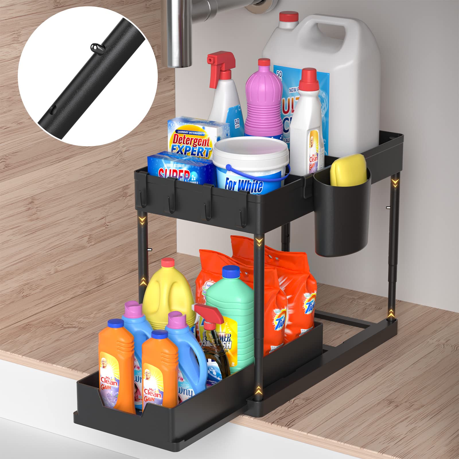 2-Tier Under Sink Organizer with Adjustable Telescopic Tube - Black Bathroom & Kitchen Cabinet Storage with 4 Removable Dividers, 4 Hooks & Cup - Perfect for Maximizing Space Under Sink in Bathrooms, Kitchens, Laundry Rooms & RVs (1 Pack)