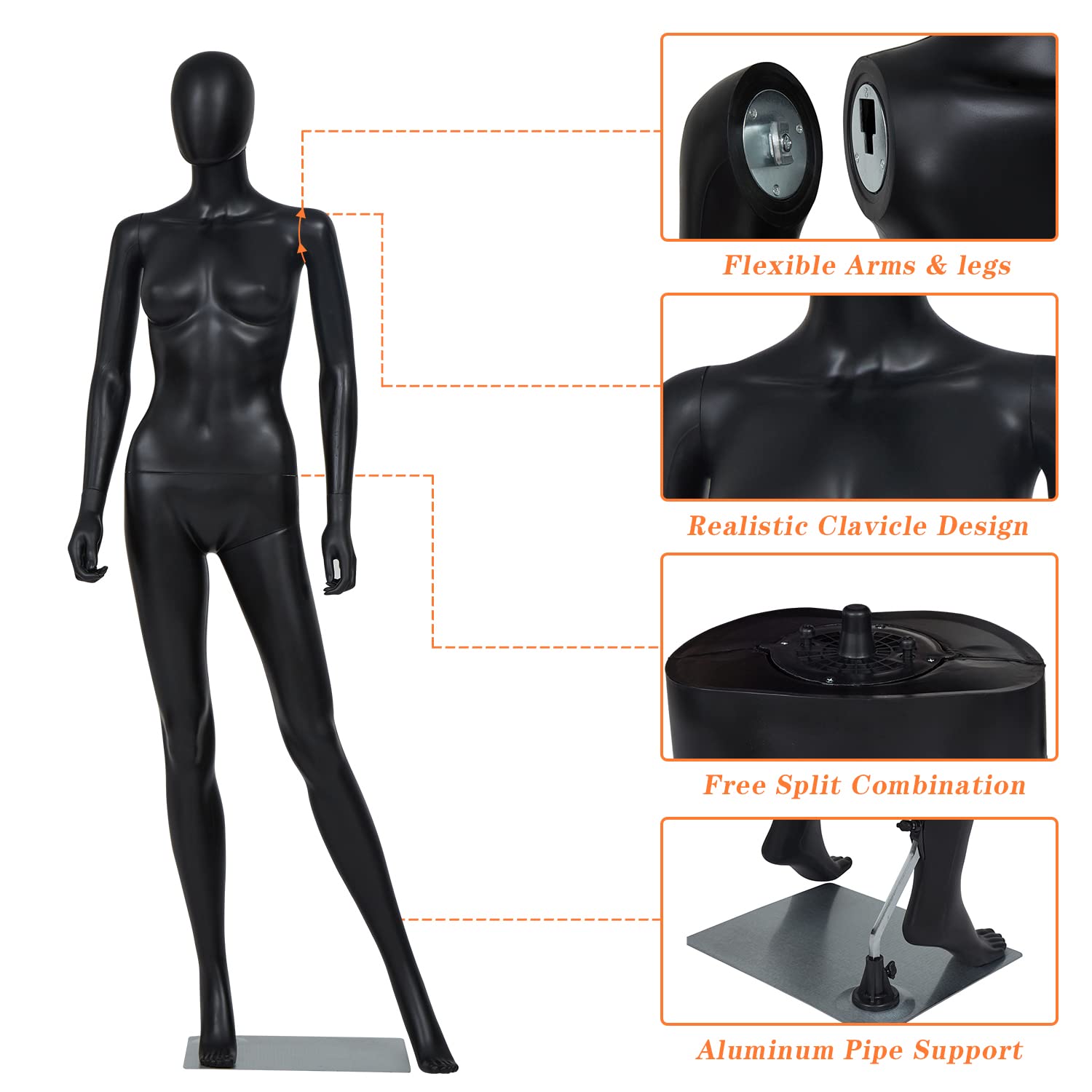 Adjustable Female Mannequin with Detachable Body & Metal Stand - Black Full Body Dress Form for Clothing Display, Fashion Boutique, Cosplay Costume Fitting, and Holiday Decor