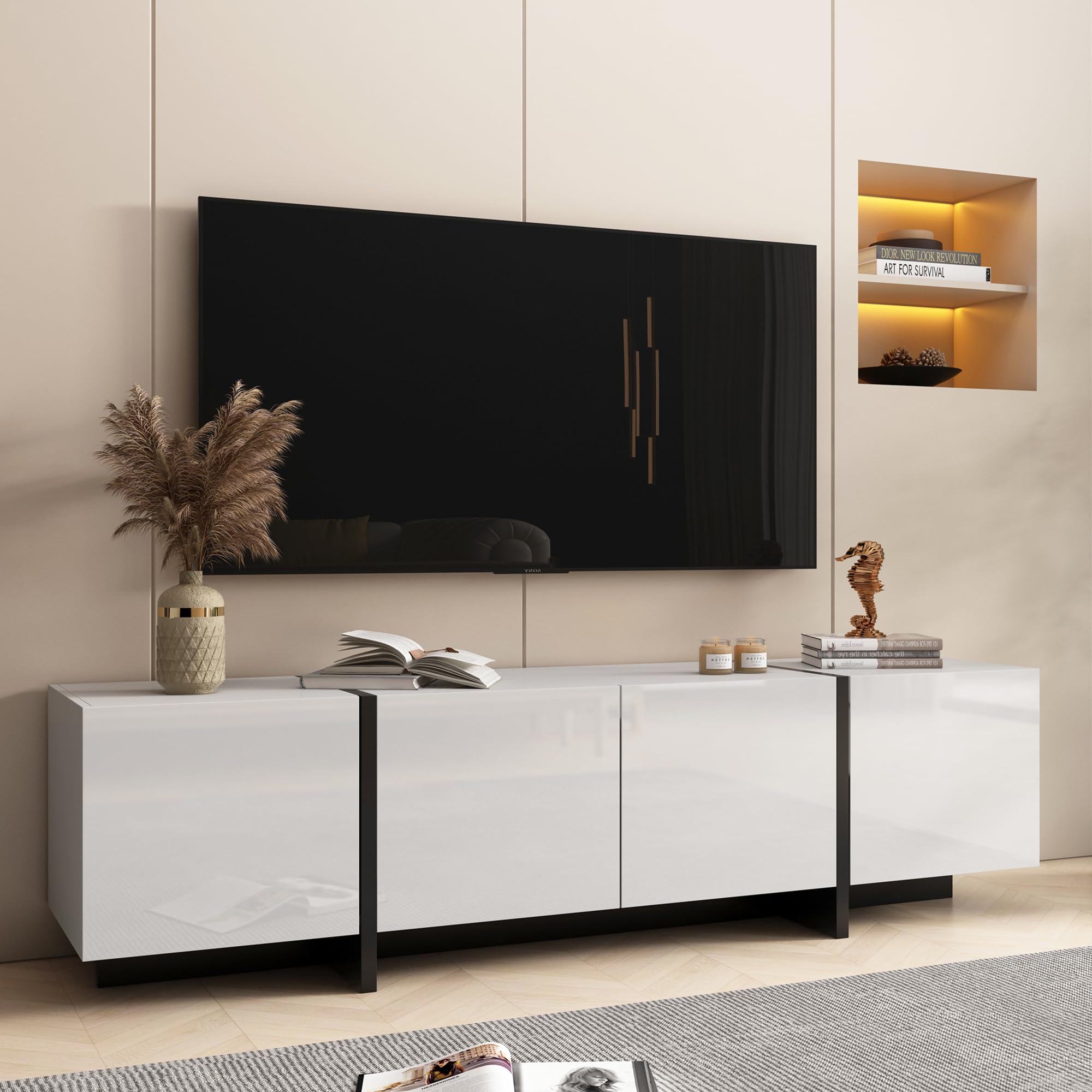 65-75 Inch Modern White TV Stand with Storage - Adjustable Hinge Entertainment Center for Living Room | Perfect for Home Theater Setup & Living Room Organization