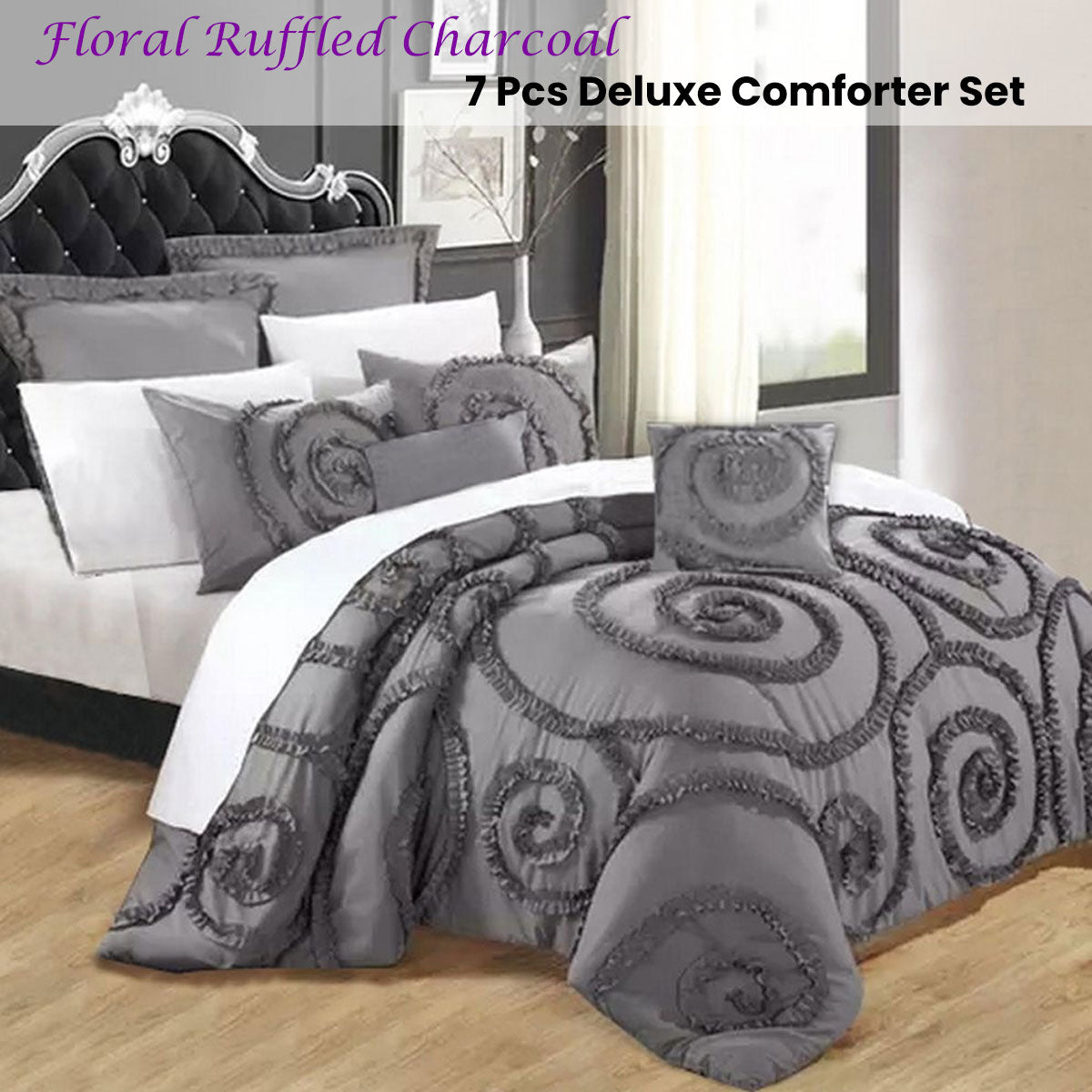 Floral Ruffled Charcoal 7-Piece Deluxe Comforter Set Queen Size - Soft Bedding for Cozy Bedroom Decor & Guest Room Luxury
