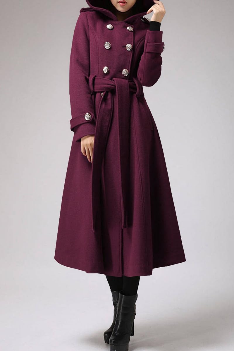 Cicy Bell Women's Long Double-Breasted Hooded Winter Wool Trench Coat with Belt - Warm Elegant Outerwear for Cold Weather & Office Commute