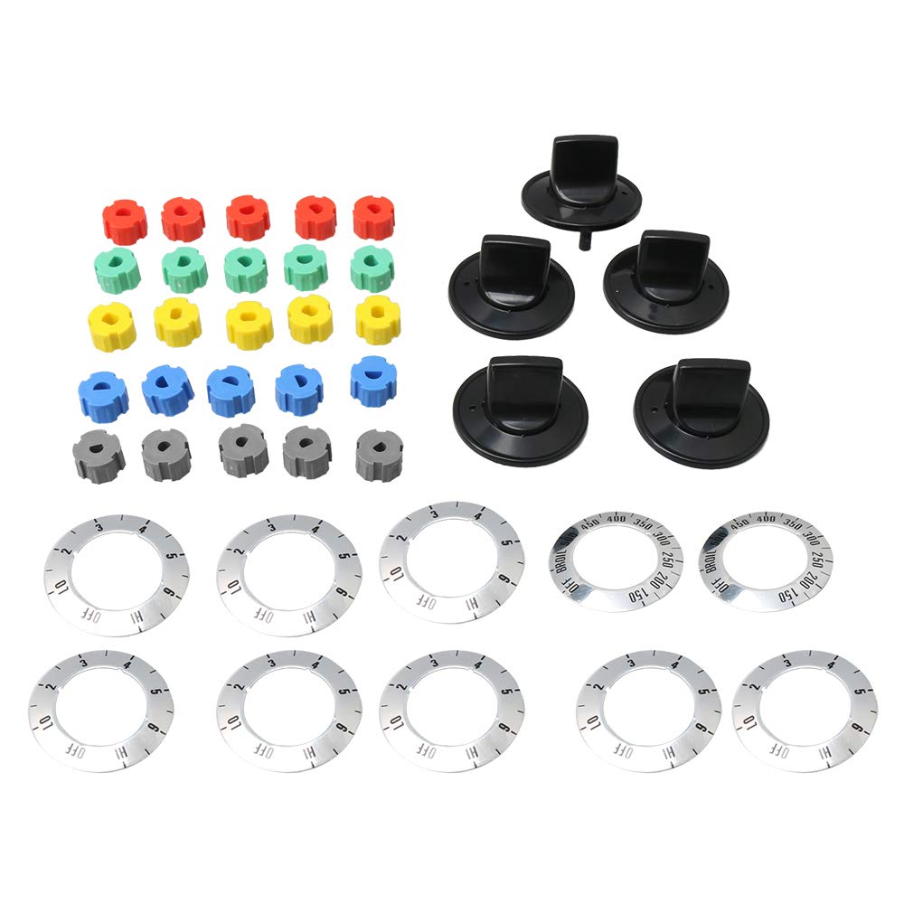 BQLZR 49x30mm Black Universal Oven Knob Replacement Kit - 5 Pack with Insert Adapters for Range, Stove, Burner - Perfect for Kitchen Appliance Repair & DIY Upgrades