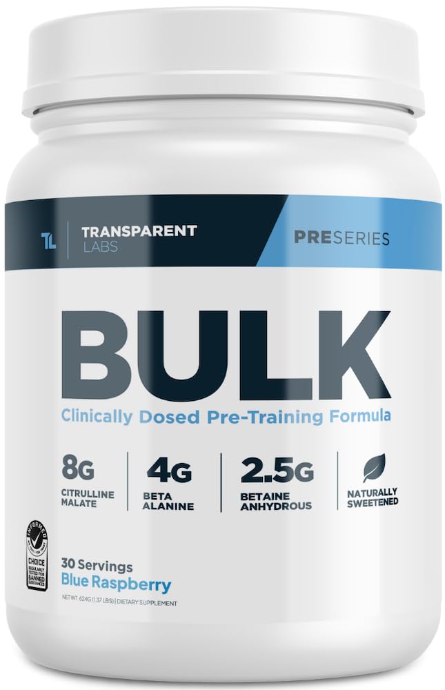 Transparent Labs Bulk Pre-Workout - Blue Raspberry, 30 Servings for Muscle & Strength | Gym & Fitness