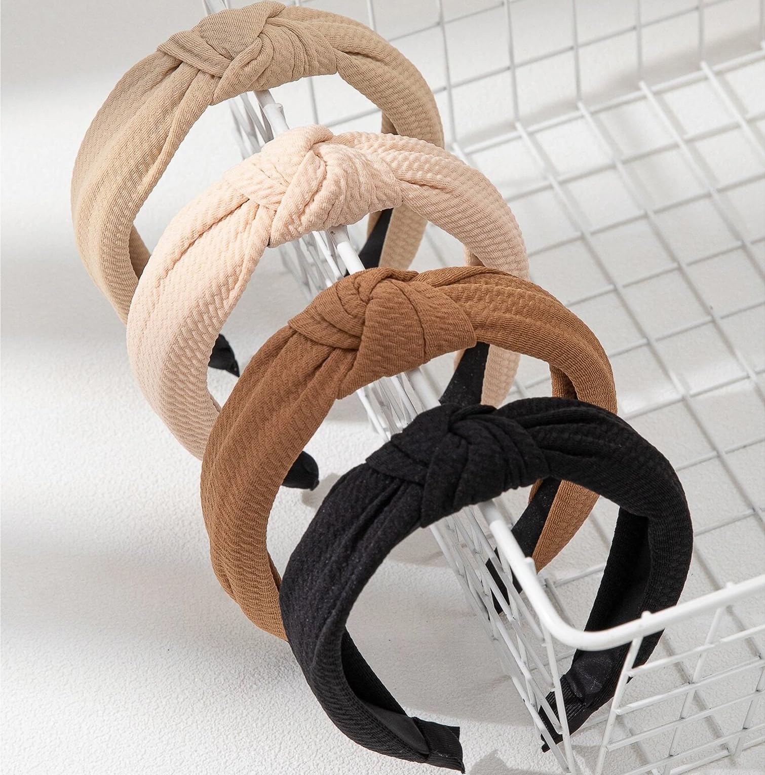 WOVOWOVO 4-Pack Knotted Headbands for Women - Non-Slip Wide Boho Hairbands in Black, Khaki & Brown - Perfect for Yoga, Workouts & Fashion Accessories