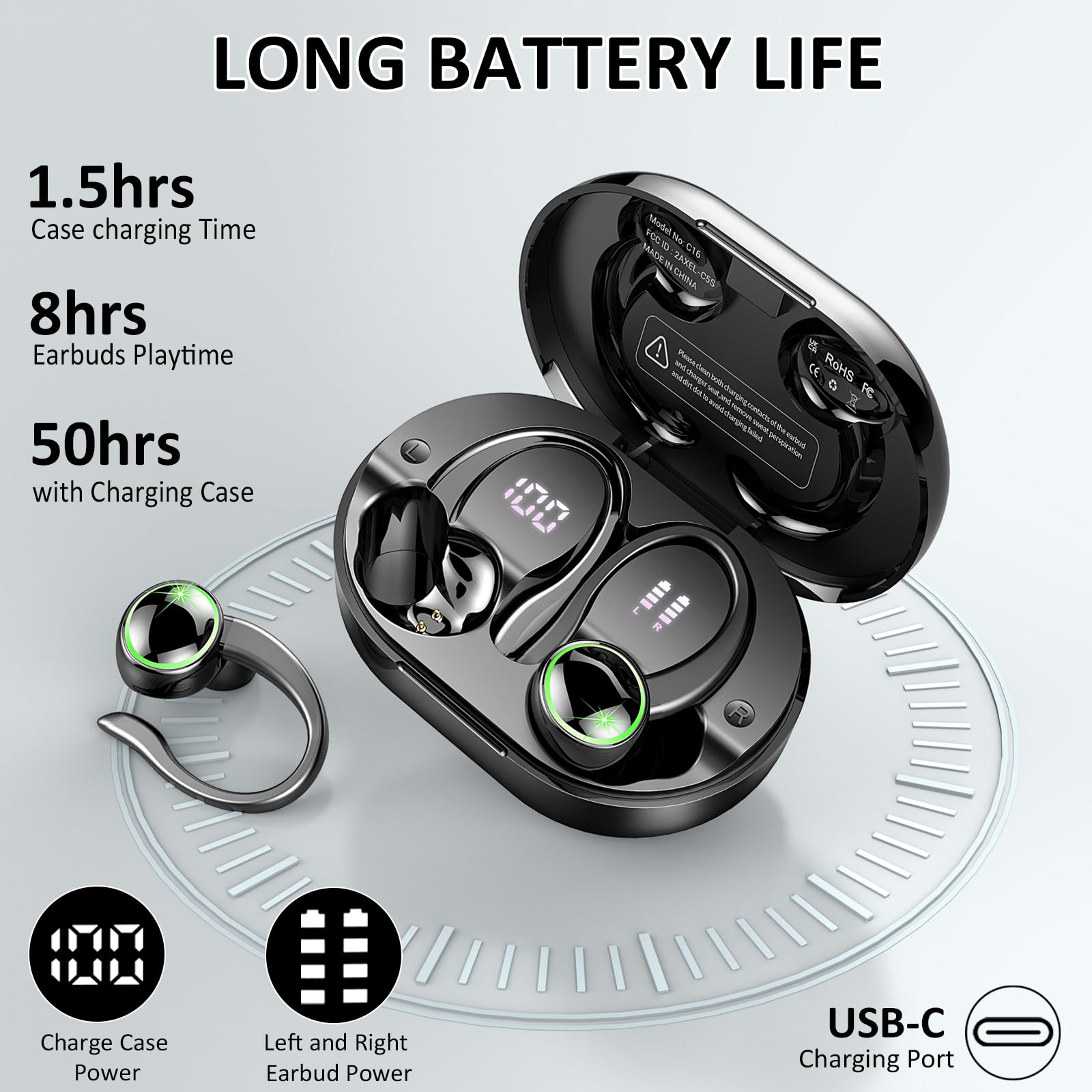 Wireless Earbuds Bluetooth 5.4 with 50H Playback, ENC Noise Cancelling Mic & Deep Bass - IP7 Waterproof Sports Earphones with Earhooks for Gym, Running, Workout | Perfect for Fitness Enthusiasts & Active Lifestyles