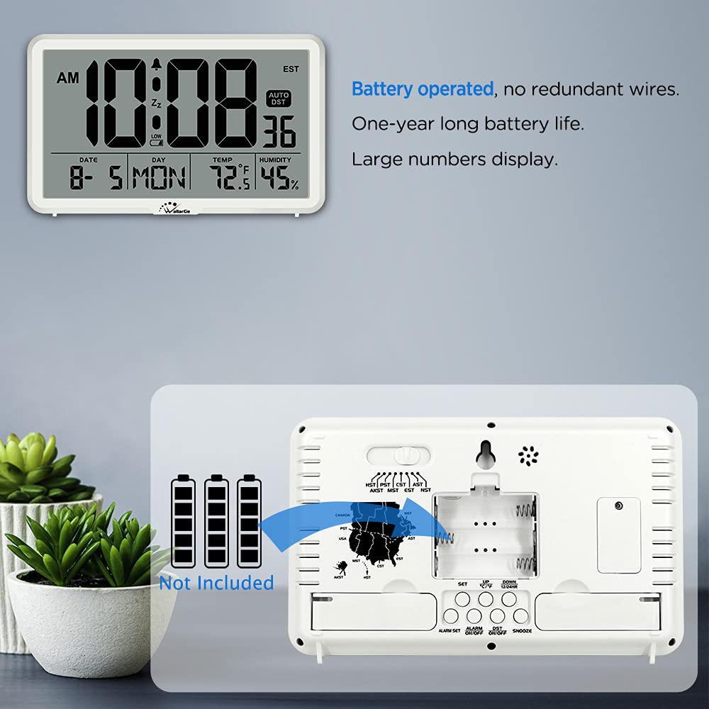 WallarGe Auto Set Digital Wall Clock with Temperature & Humidity - Large Display Battery Operated Desk Clock with Date, 8 Time Zones & Auto DST - Perfect for Elderly, Bedroom, Office & Home Use