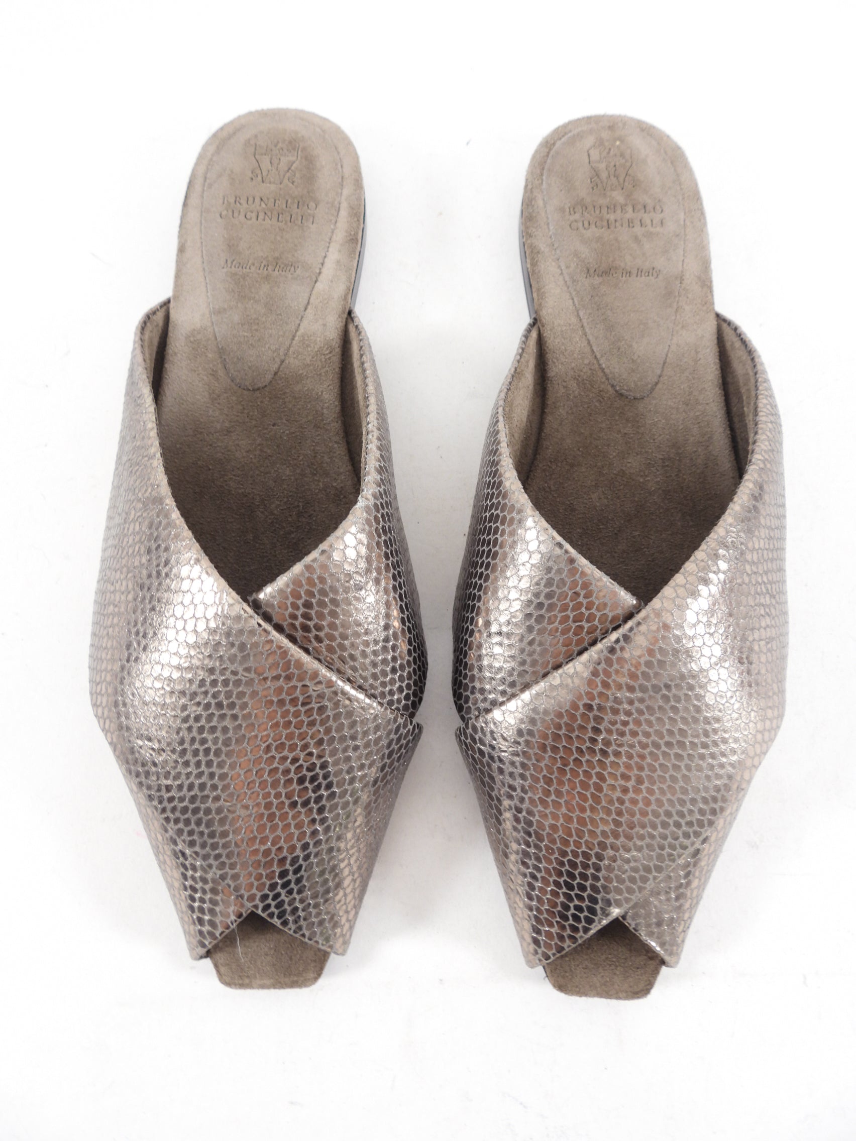 Brunello Cucinelli Pewter Metallic Leather Flat Slides - Women's Size 38.5 / 8 | Luxury Comfortable Slip-On Sandals for Casual Wear & Summer Outfits