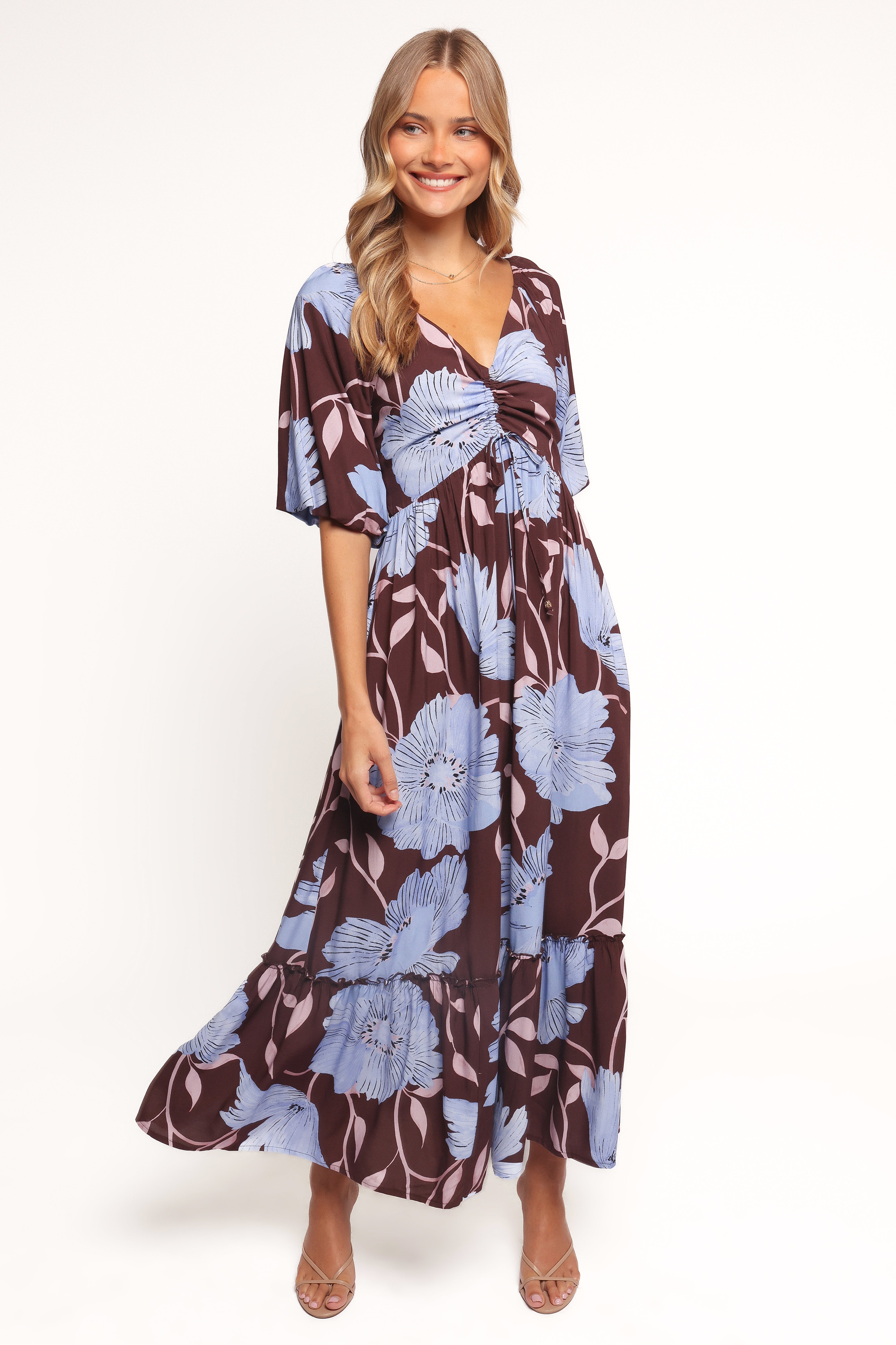 Annabella Floral Maxi Dress - Blue Poppies Print, Women's Summer Beach Dress for Vacation, Party & Outdoor Events