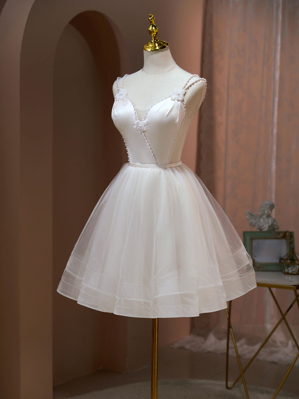 Elegant A-Line V-Neck Tulle Short Beige Prom Dress with Beading - Cute Puffy Homecoming Dress for Teens - Perfect for Prom, Party, Wedding & Special Occasions