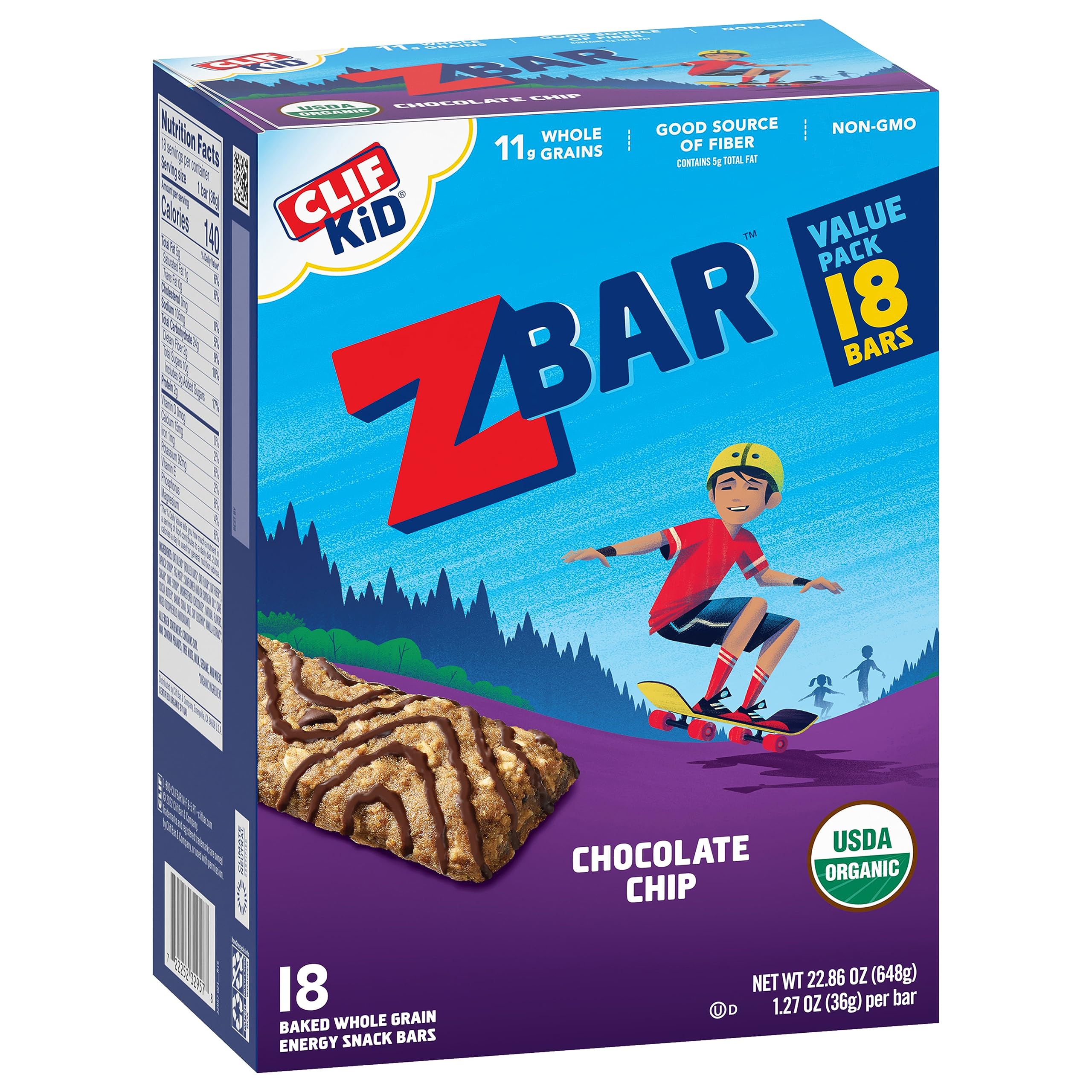 Organic CLIF Kid Zbar Chocolate Chip Snack Bars - 18 Pack for School Lunches & Outdoor Activities