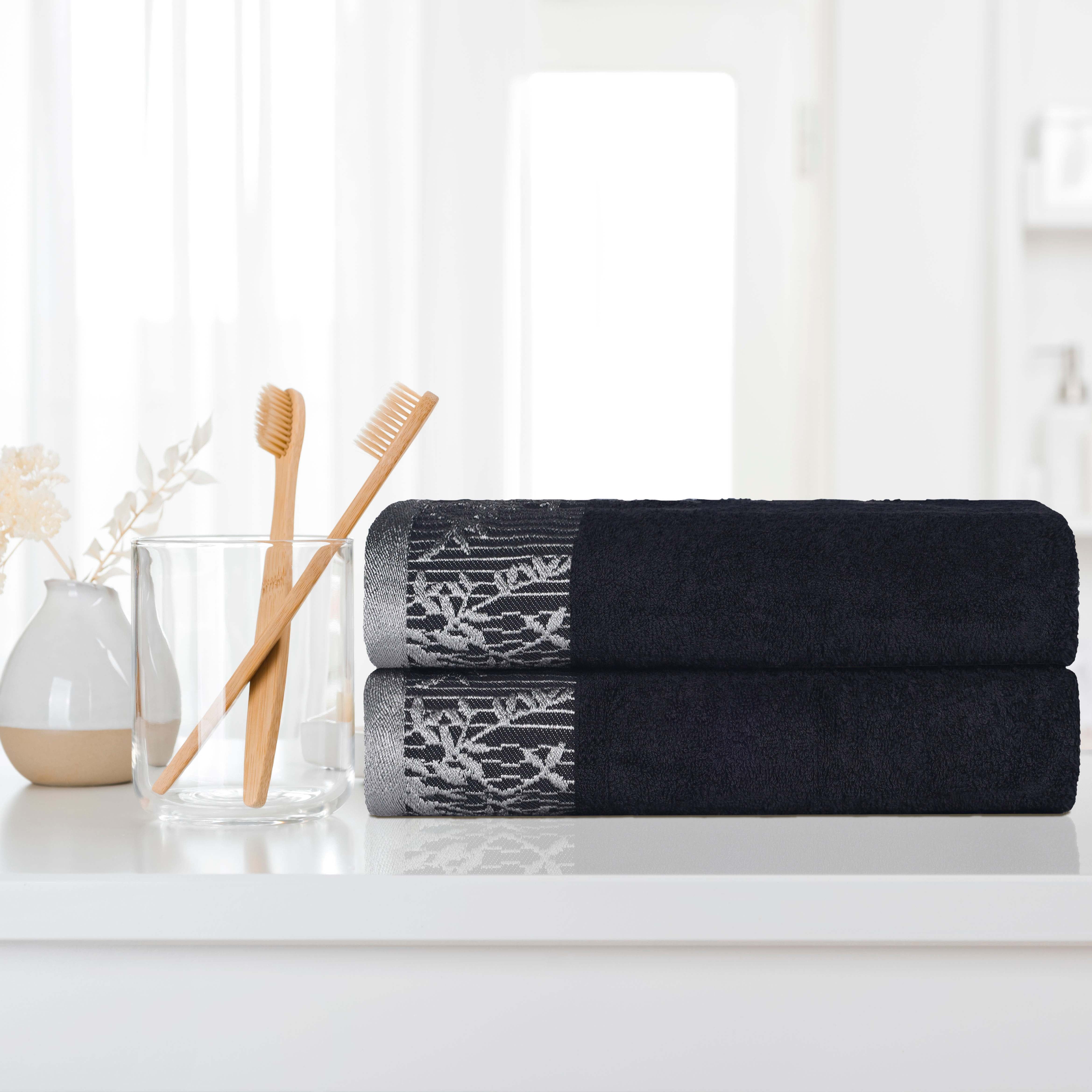 Premium Wisteria Cotton Floral Embroidered Jacquard Border Bath Towel Set of 2 - Soft Absorbent Luxury Towels for Spa, Bathroom & Guest Use