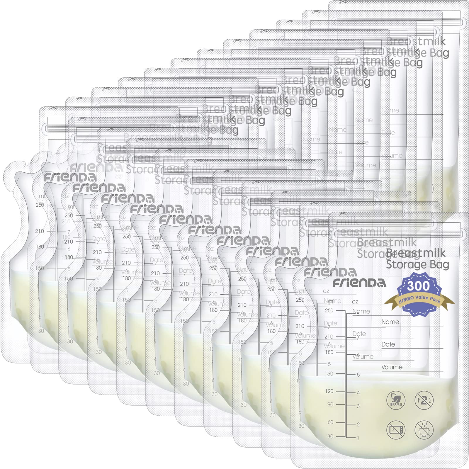 Newwiee 300 Count 8 oz Breastmilk Storage Bags - Double Seal Leak-Proof Design with Self-Standing Spout for Easy Pouring - Ideal for Breastfeeding Moms at Home, Work, or Travel (Gray)