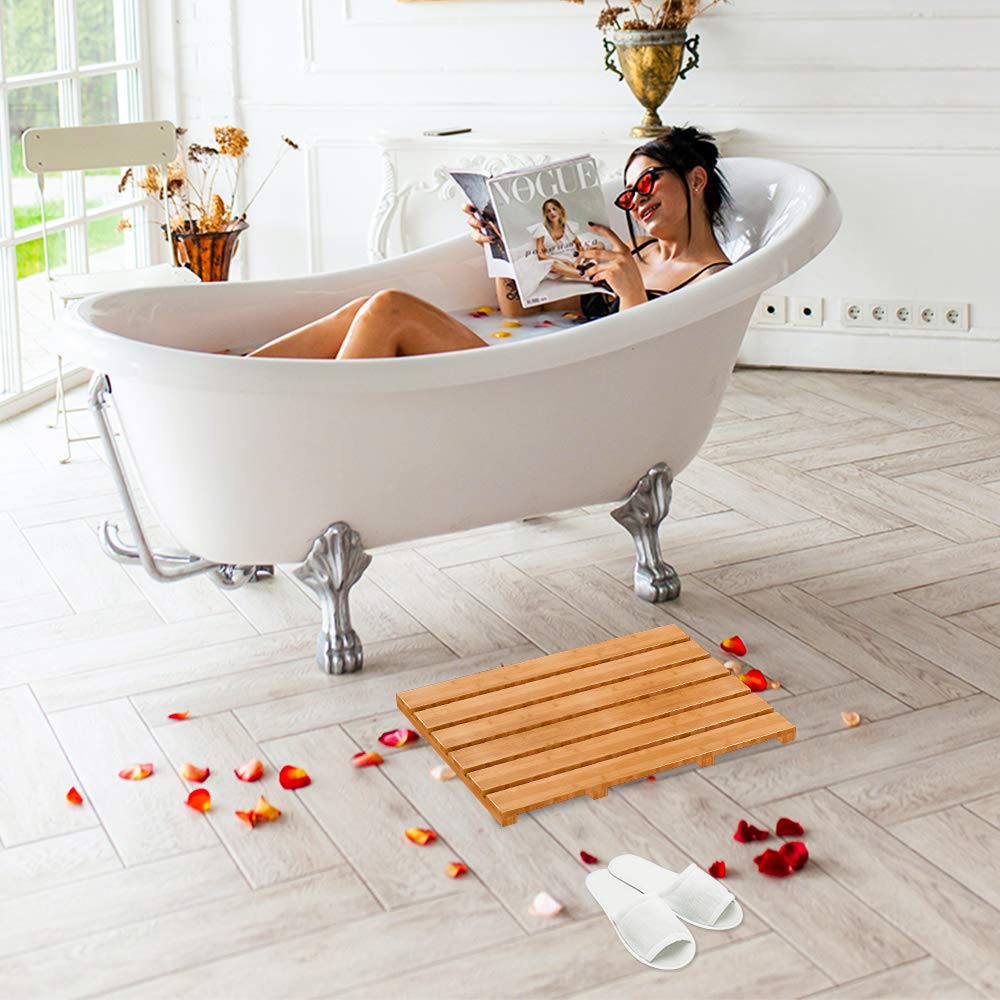 Non-Slip Bamboo Shower Mat - Waterproof Wooden Bath Mat for Indoor & Outdoor Use - 21.26x14.17x1.3 Inches (Pack of 2) - Perfect for Bathroom, Spa, Poolside & Patio Floor Protection