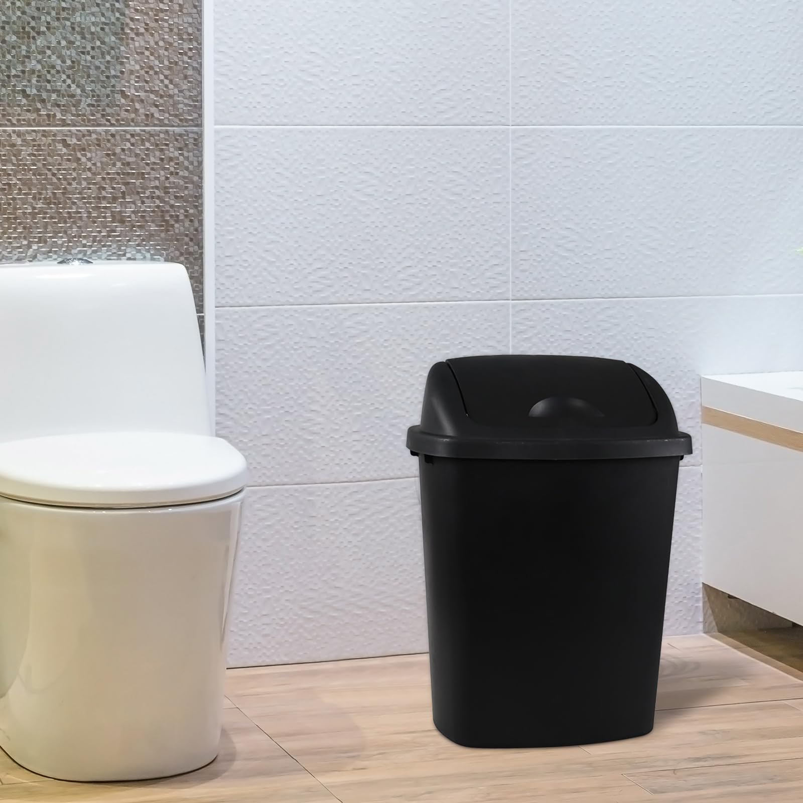 Xyskin 6 Gallon Plastic Swing Top Trash Can - 4 Pack Commercial Wastebasket for Kitchen, Garage, Office & Workspace - Durable Black Garbage Bin for Home & Business Use - Perfect for Recycling, Disposal & Organization
