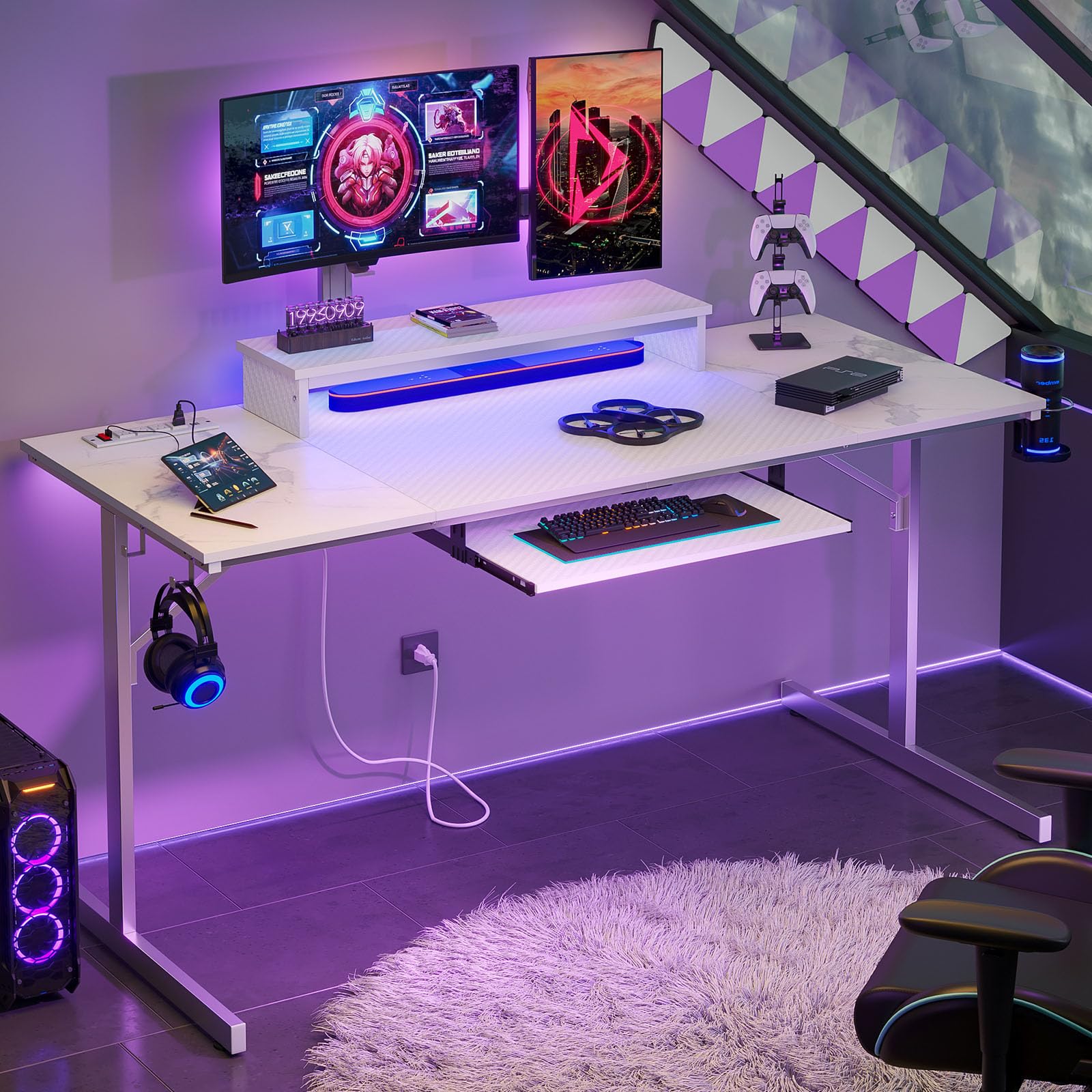 Bestier 63 Inch LED Gaming Desk with Power Outlets - Ergonomic Computer Desk with Adjustable Laptop Stand & Keyboard Tray - Modern Home Office PC Desk with Headset Hook (Carbon Fiber/Marble White) - Perfect for Gaming Setup, Workstation & Small Space Home Office