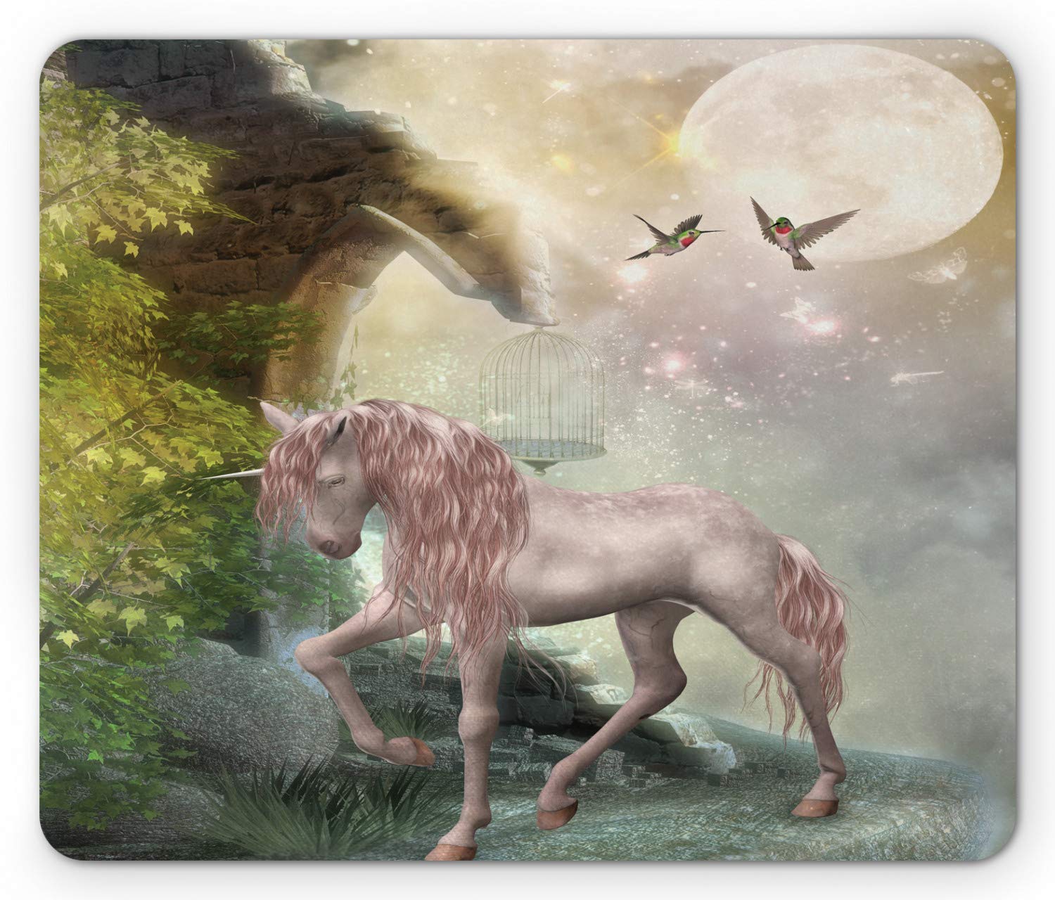 Ambesonne Hummingbirds Mouse Pad - Non-Slip Rubber Base, Standard Size Rectangle Mousepad with Unicorn Green Spring Leaves & Twinkling Star Moon Fantasy Design - Perfect for Office, Gaming & Home Computer Use