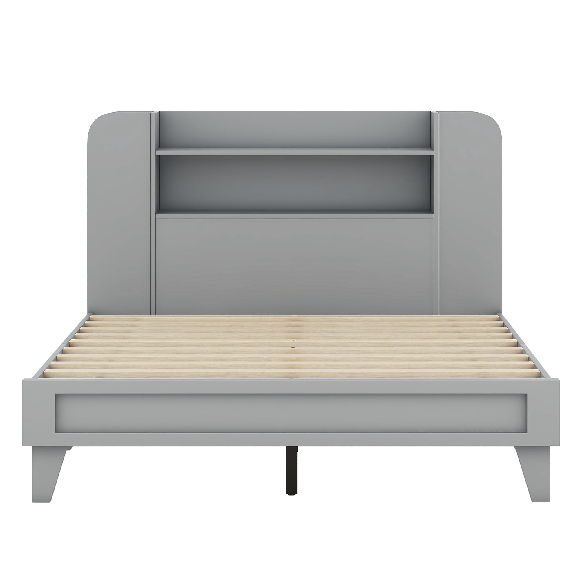 Full Size Wooden Platform Bed Frame with Storage Headboard & Shelves - Grey Kids Bed for Boys & Girls - Perfect for Small Bedrooms, Dorm Rooms & Space-Saving Storage Solutions