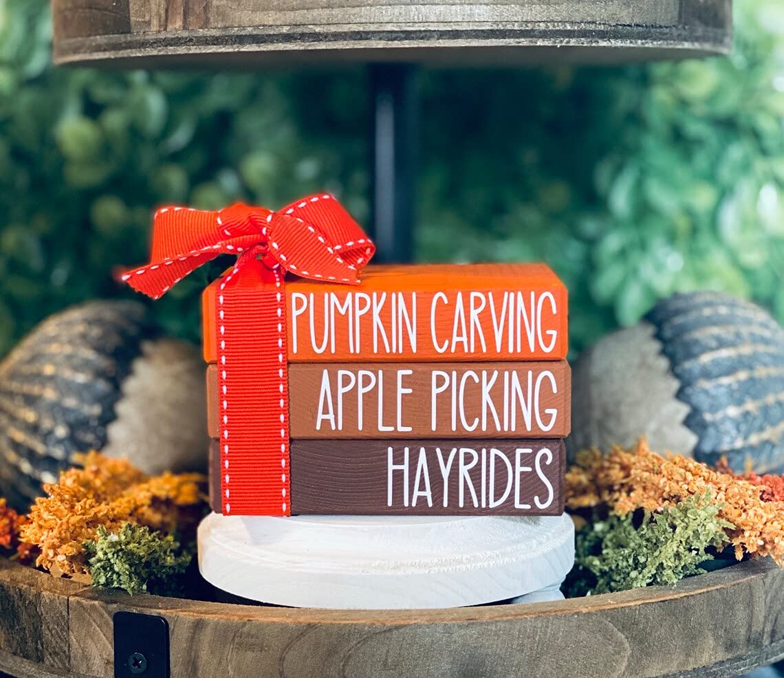 Fall Tiered Tray Decor | Mini Wooden Book Stack with Apples & Pumpkins | Autumn Thanksgiving Home Decor for Tables, Mantels & Seasonal Displays