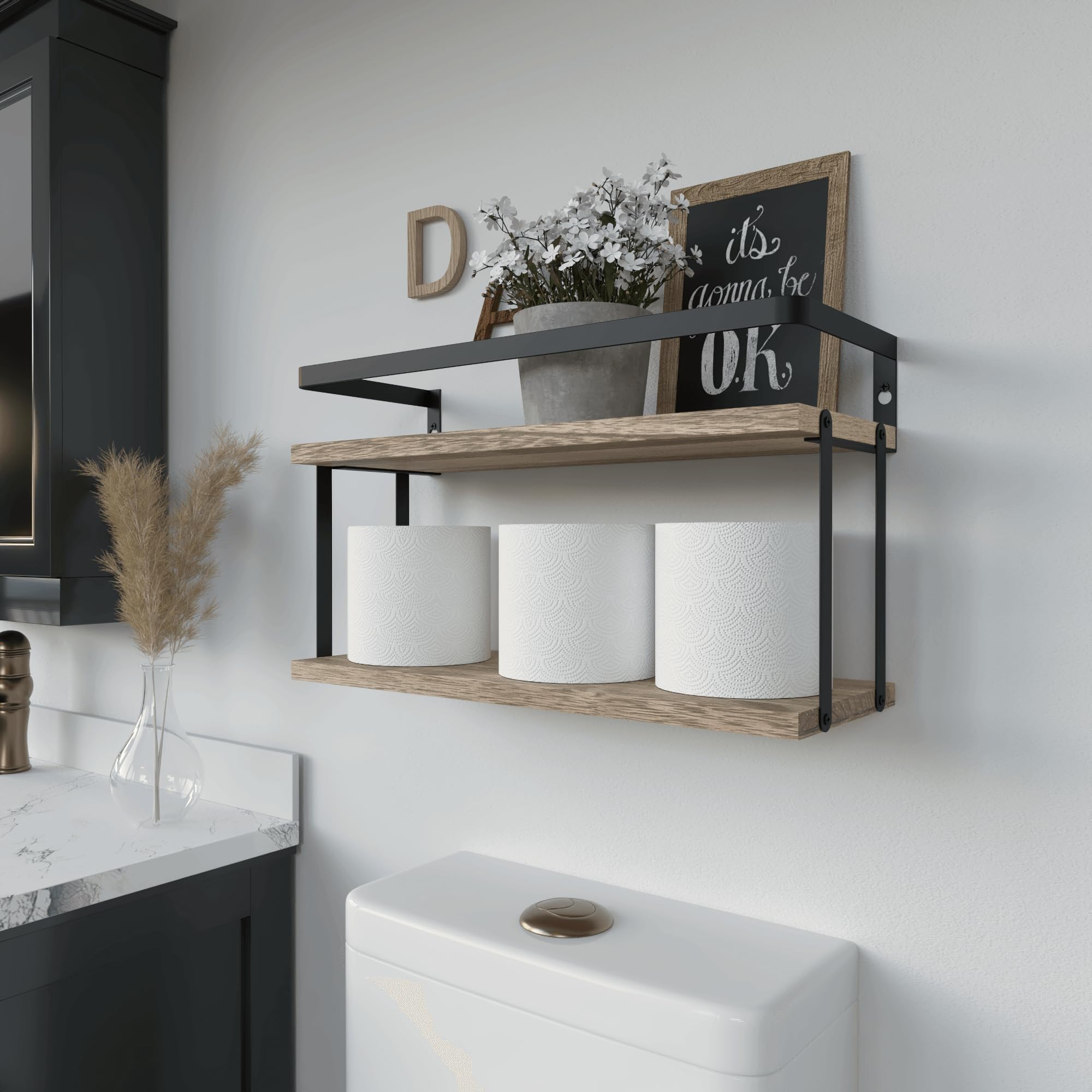 RICHER HOUSE Dual-Level Floating Shelves with Guardrail - Rustic Wood Wall Mounted Shelf for Bathroom & Kitchen Storage | Over Toilet Paper Organizer, Bathroom Wall Decor & Kitchen Spice Rack - Perfect for Small Space Organization & Farmhouse Style Home Decor