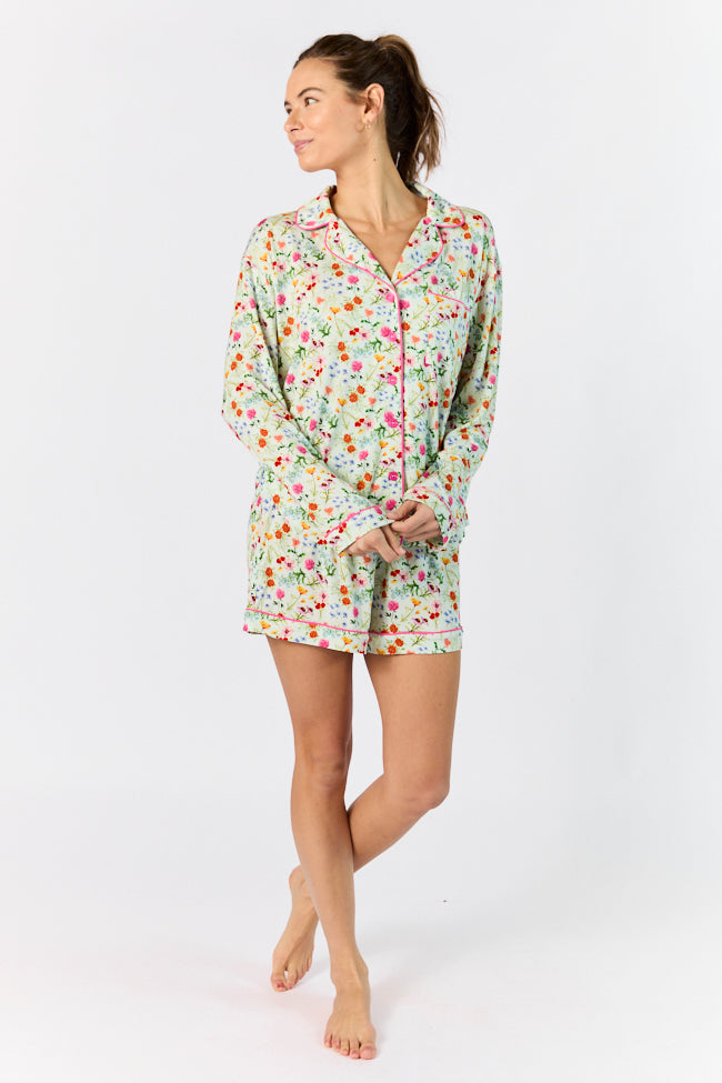 Botanical Floral Print Long Sleeve Pajama Top for Women - Comfortable Sleepwear & Loungewear - Perfect for Relaxing at Home, Spa Days, and Cozy Nights