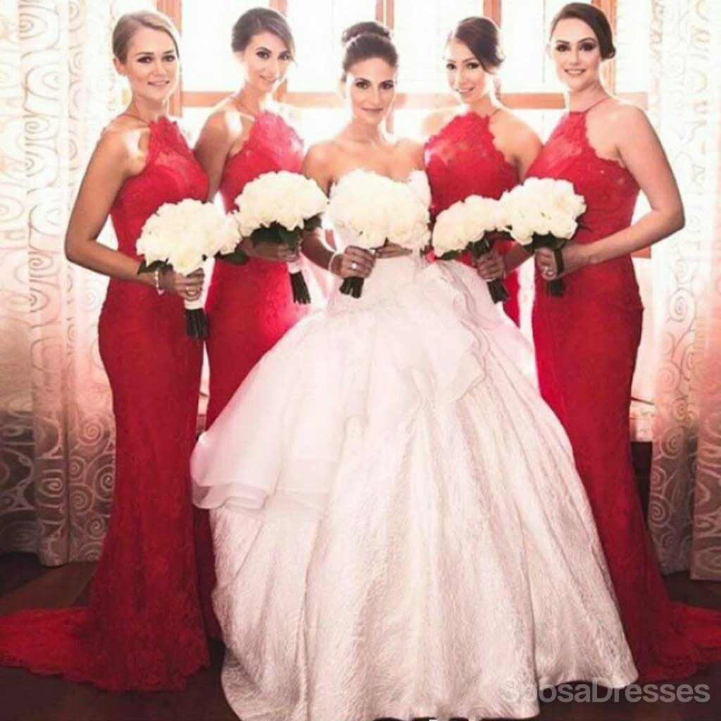 Elegant Red Halter Mermaid Lace Bridesmaid Dress - WG152 | Perfect for Weddings, Prom, Evening Parties & Formal Events