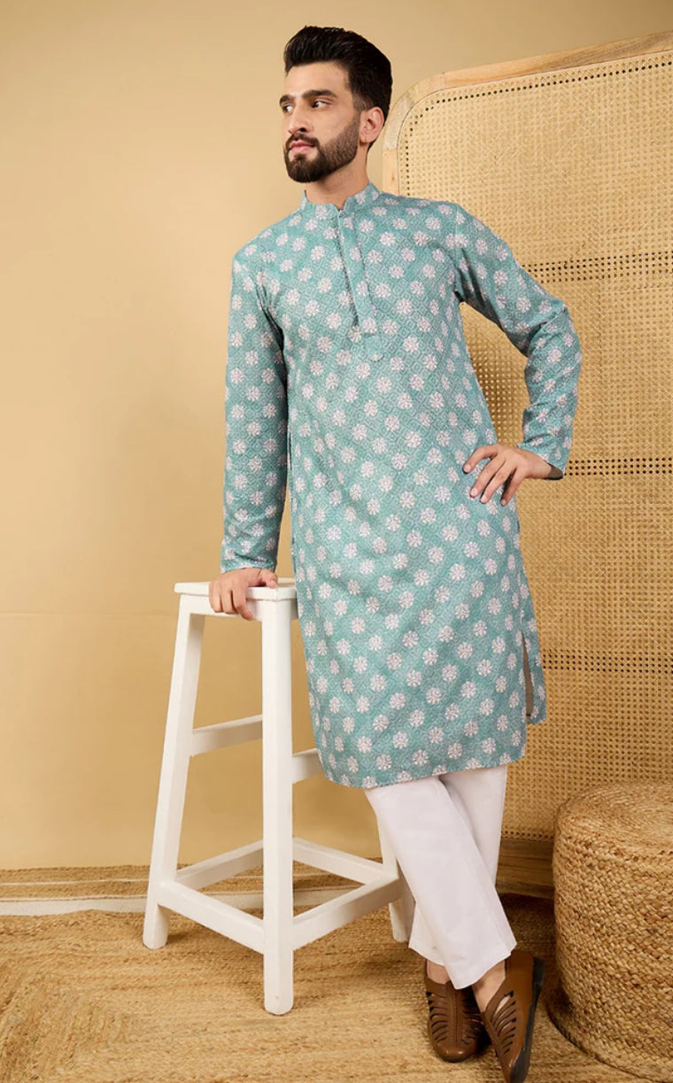 Men's Sea Green Embroidered Straight Chikankari Kurta | Traditional Indian Cotton Tunic | Perfect for Festivals, Weddings & Casual Wear