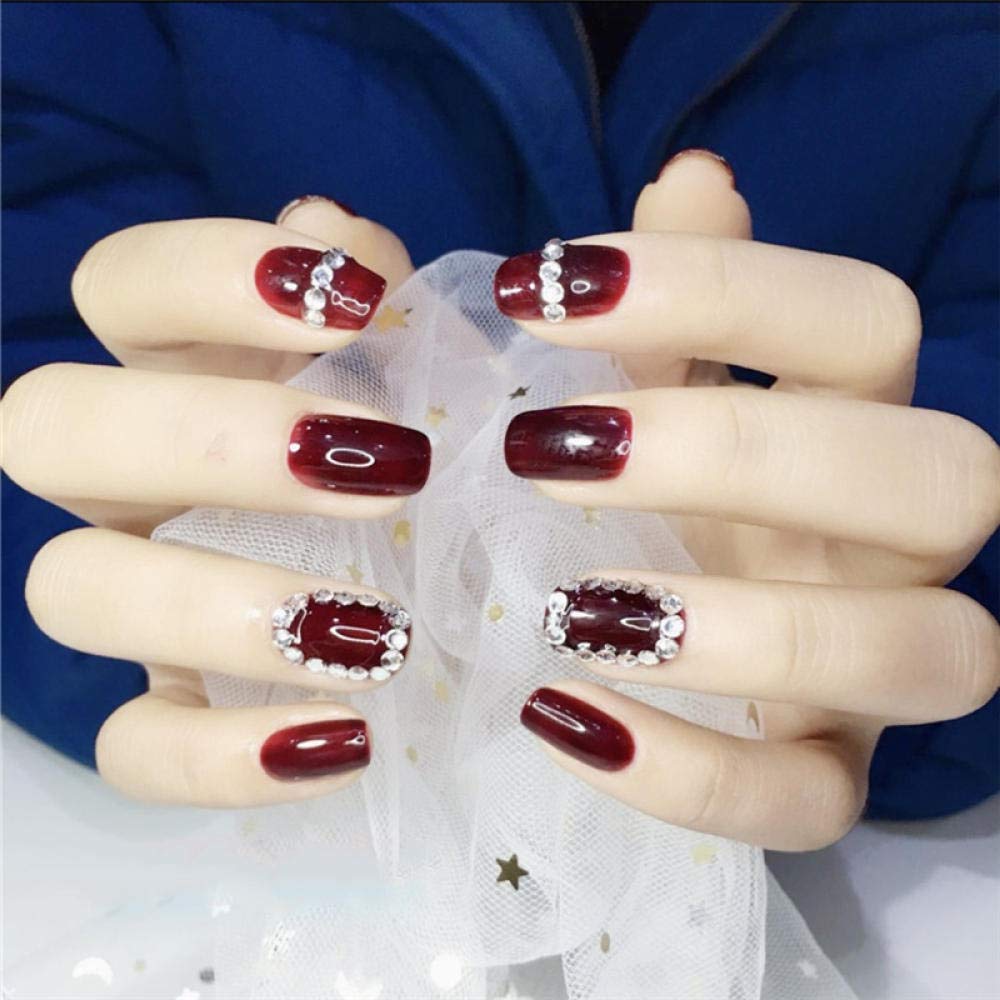 Luxury Diamond Red False Nails 24pcs Set - Full Coverage Artificial Nails for Wedding, Bridal, Party & Special Occasions - Pre-Designed Fake Nails with Wooden Wine Accents - Perfect for Nail Art and Glamorous Looks