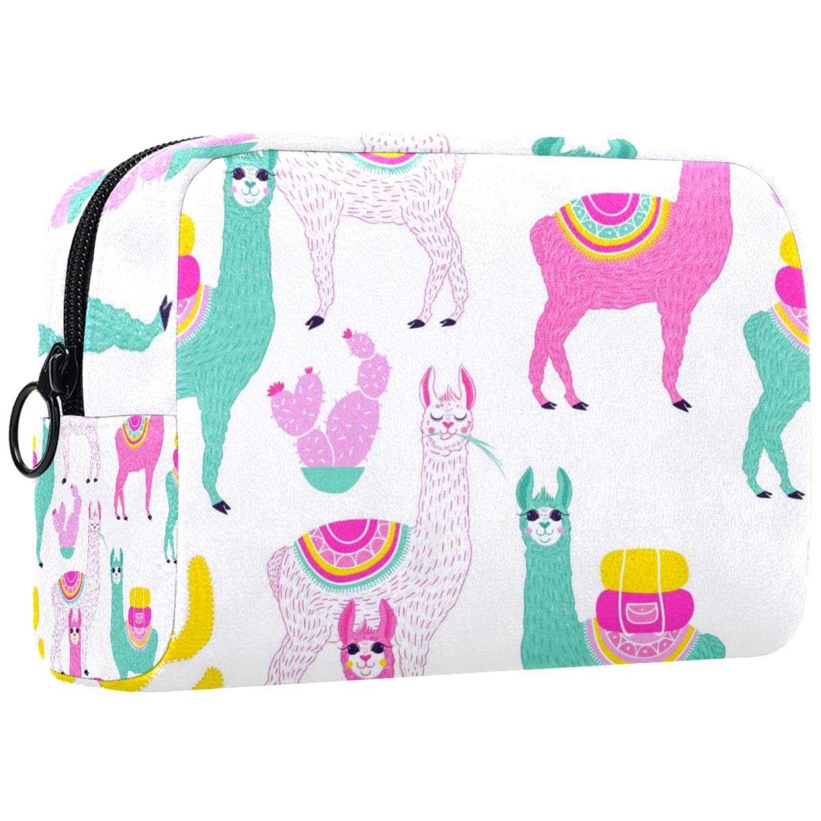 Women's Small Makeup Bag - Travel Cosmetic Pouch with Colorful Alpaca Llama Print - Perfect for Daily Essentials & On-the-Go Beauty Organization