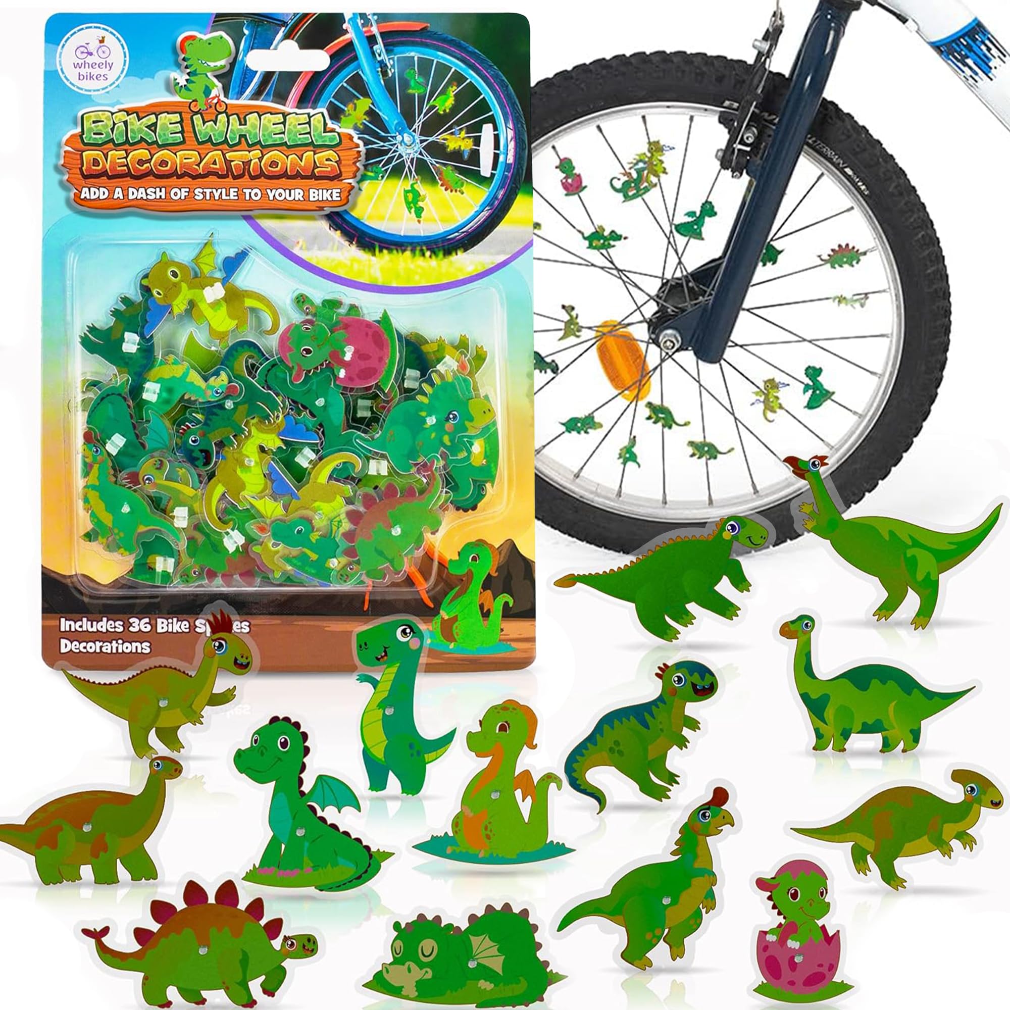 Dinosaur, Flower & Butterfly Bike Wheel Spoke Decorations - 36 Pcs Kids Bicycle Accessories for Boys & Girls | Easter Basket Stuffers, Birthday Party Favors & Goodie Bag Fillers | Perfect for Cycling, Themed Parties & Gift Giving