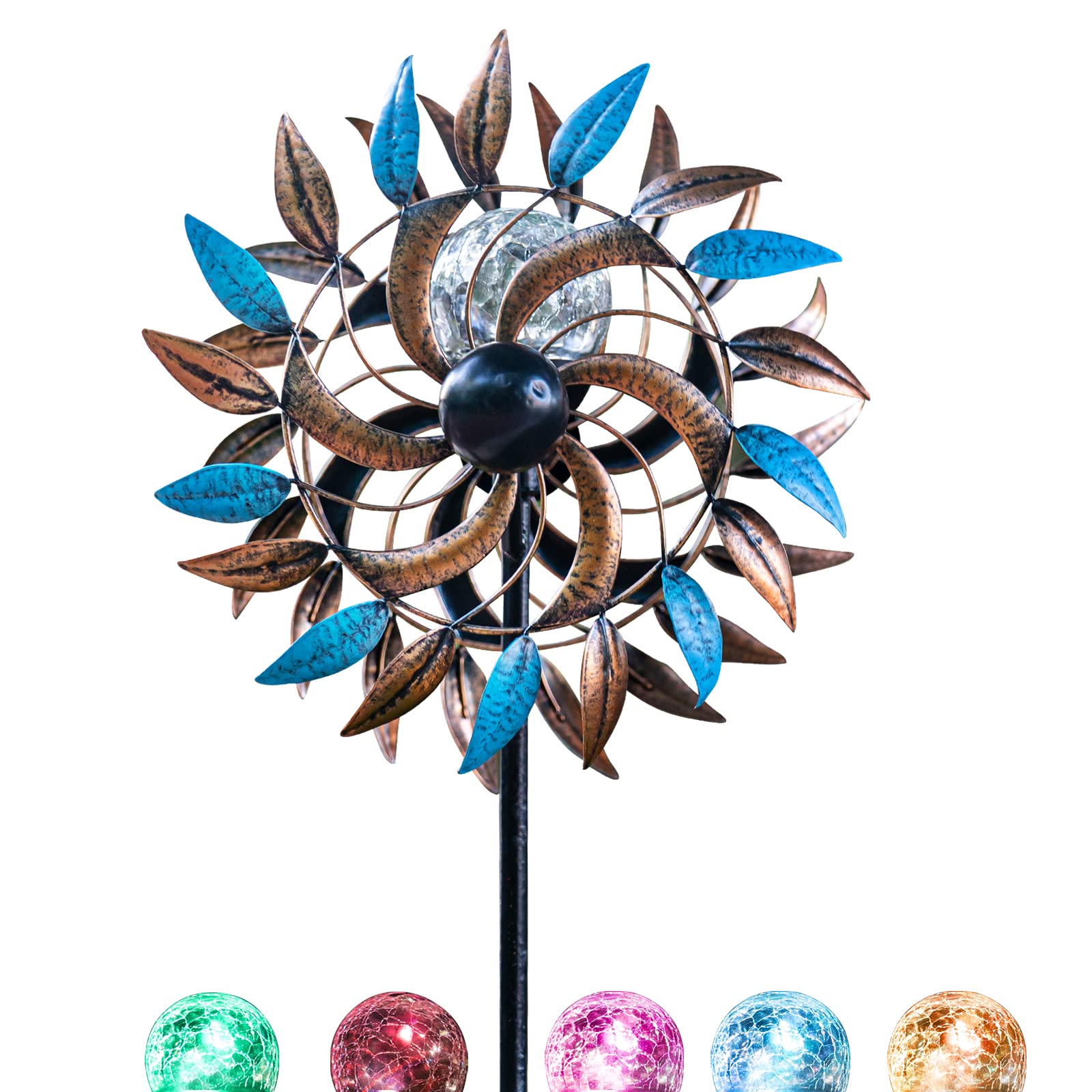 Solar Powered Metal Stake Yard Spinners - Color Changing LED Glass Ball Wind Spinner for Outdoor Garden & Lawn Decor | Weatherproof Solar Garden Spinner with Light for Patio, Yard, Backyard, and Landscape Decoration