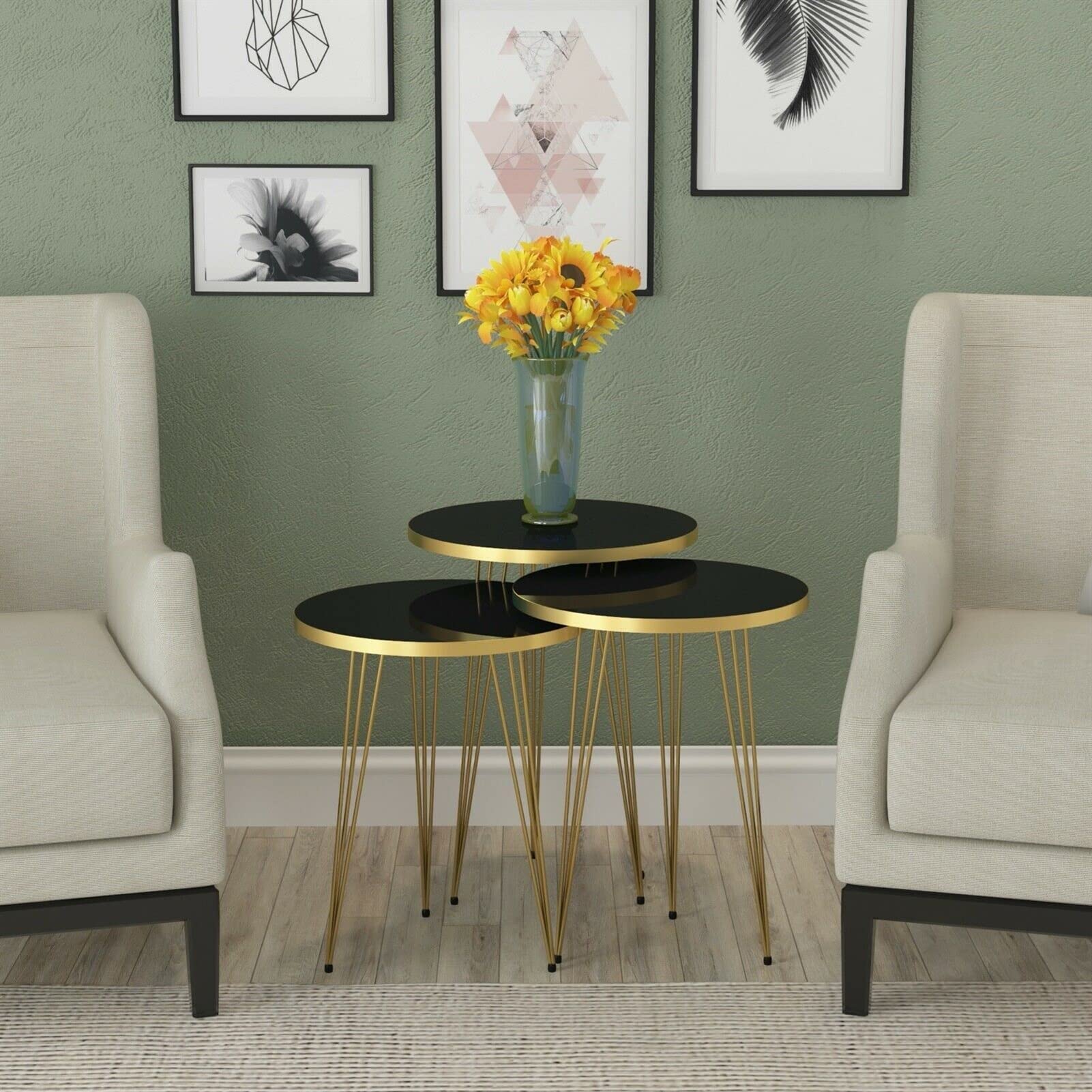 3-Piece Round Nesting Coffee Table Set - High Gloss Wood Stacking End Tables for Living Room (Black) | Modern Space-Saving Side Tables for Small Apartments & Lounge Areas