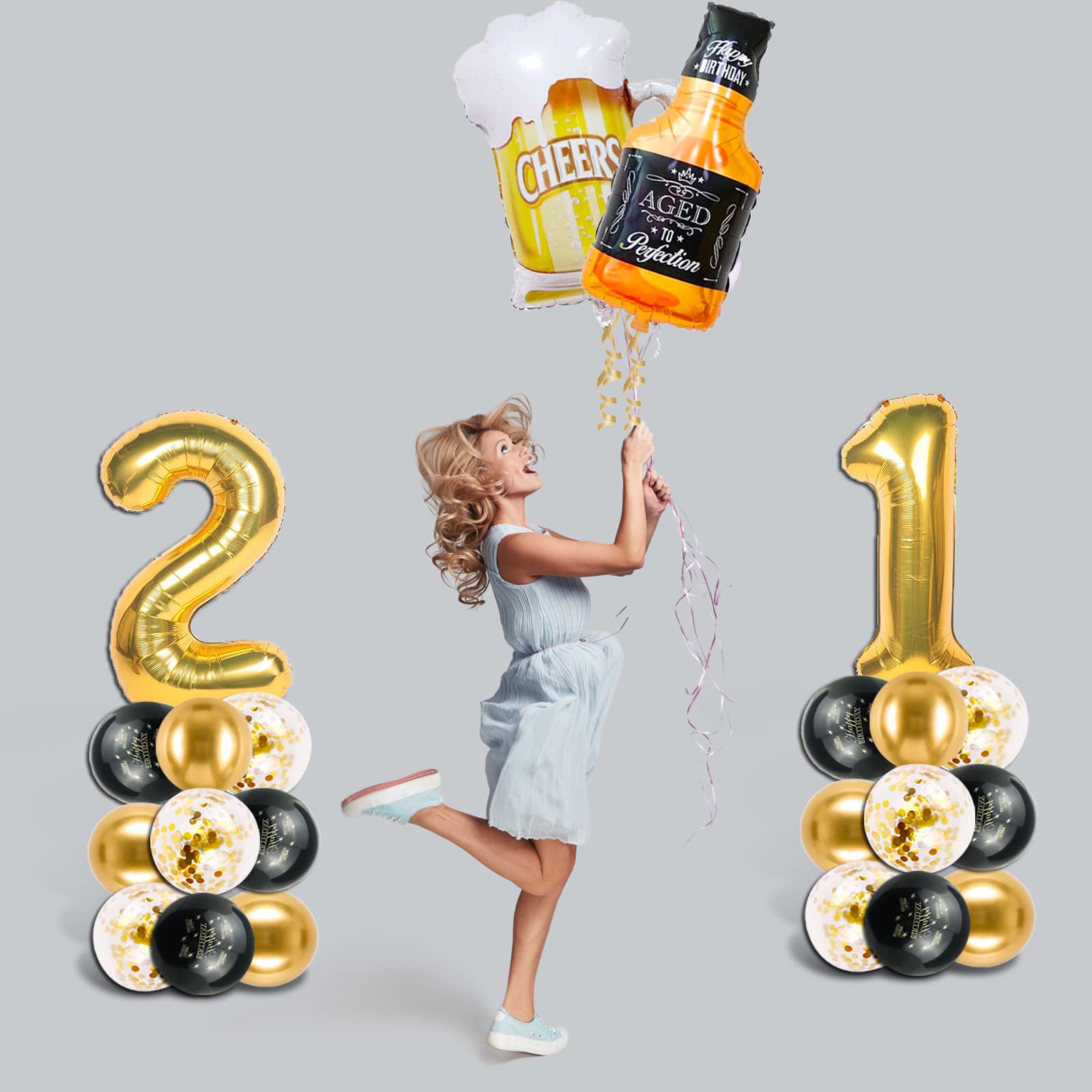 21st Birthday Party Decorations for Him & Her - Black & Gold Balloons, Banner, Fringe Curtain & Confetti Set - Perfect for 21st Birthday Celebrations, Milestone Parties & Adult Birthday Decor