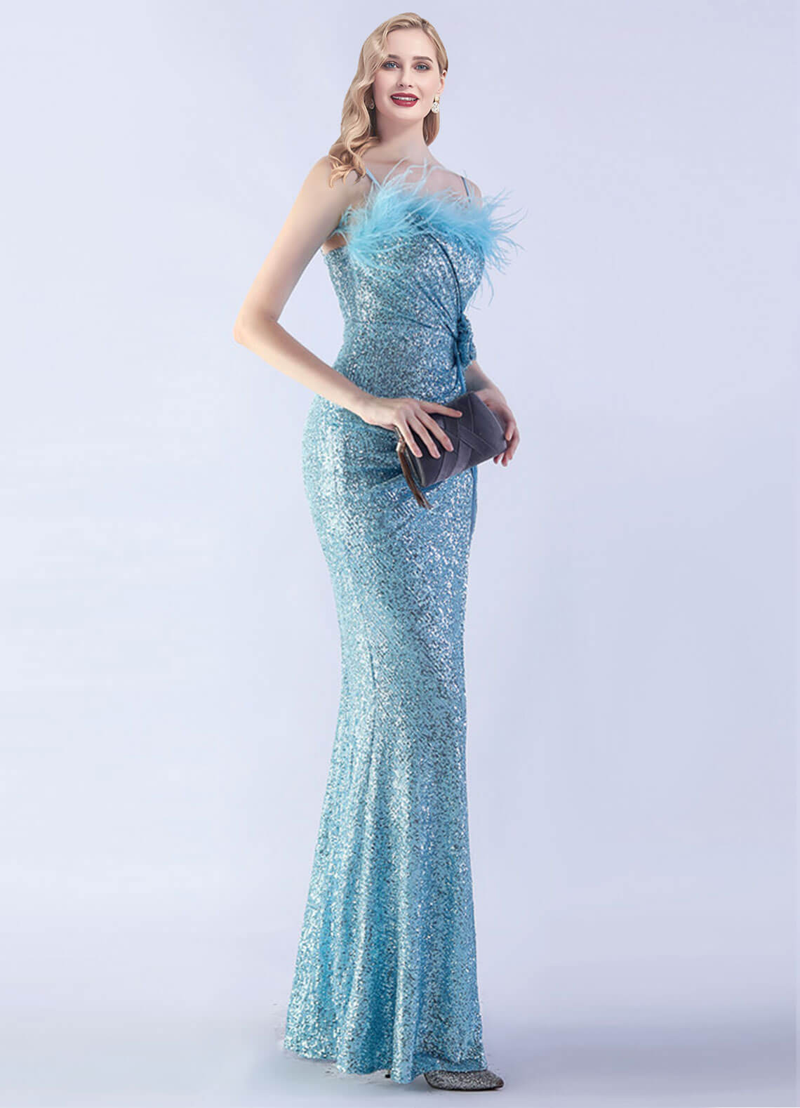 Cornflower Blue Luxury Feather Sequin Maxi Formal Gown - Elegant Spaghetti Strap Evening Dress for Prom, Wedding & Special Occasions
