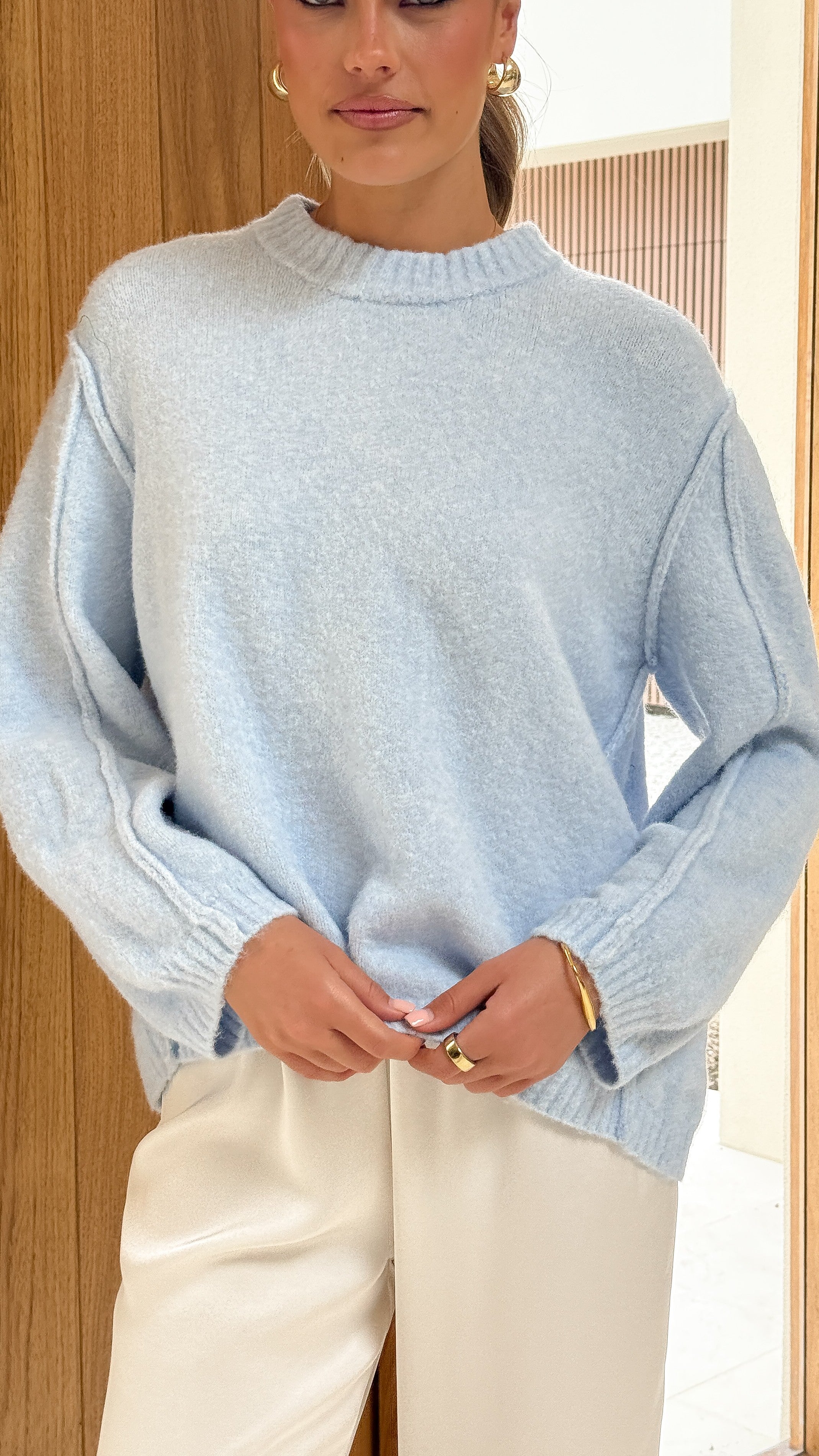 Ally Knit Sweater Women's Blue Crewneck Pullover - Perfect for Fall Fashion & Casual Outfits