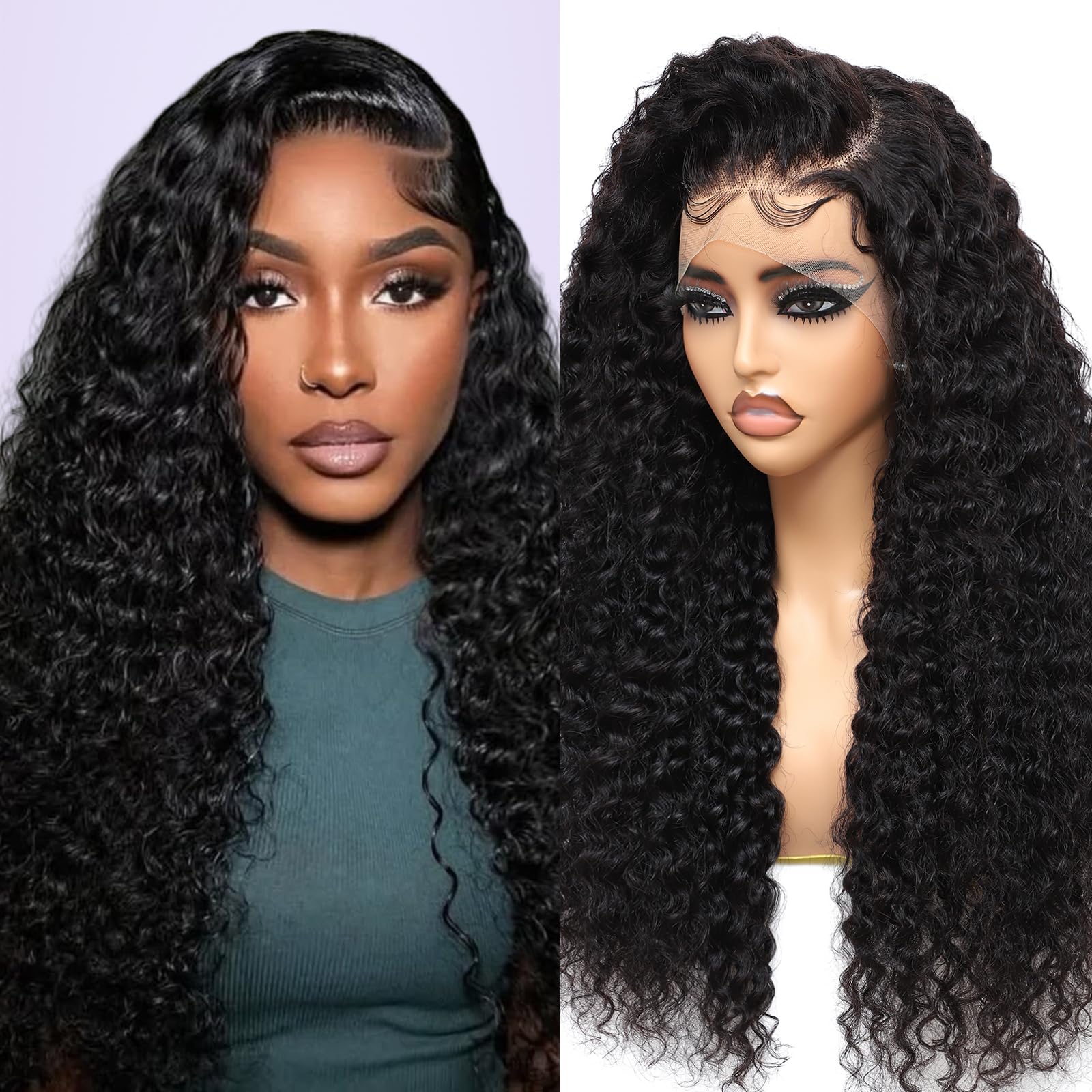 210% Density Deep Wave 13x6 Full Lace Frontal Wig - 20 Inch Curly Brazilian Virgin Human Hair - Pre Plucked HD Transparent Lace Glueless Wig with Baby Hair for Natural Look & Everyday Wear