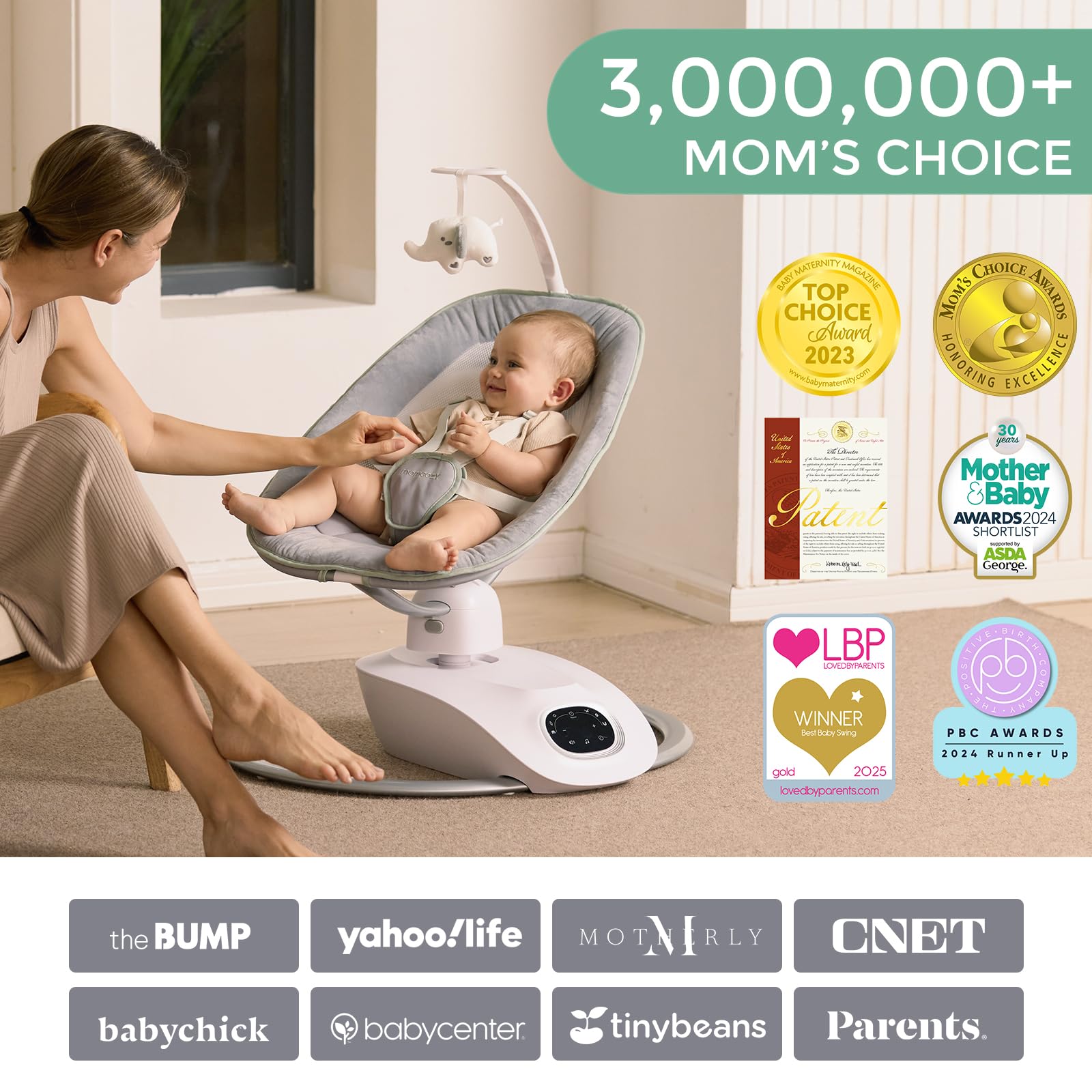 Momcozy CocoSway 3D Motion Electric Baby Swing for Infants & Toddlers - 6 Swing Motions, 4 Speed Settings, Remote Control & 8 Lullabies - Safe Infant Swing for Boys & Girls up to 20 lbs - Perfect for Nursery, Living Room & Soothing Fussy Babies