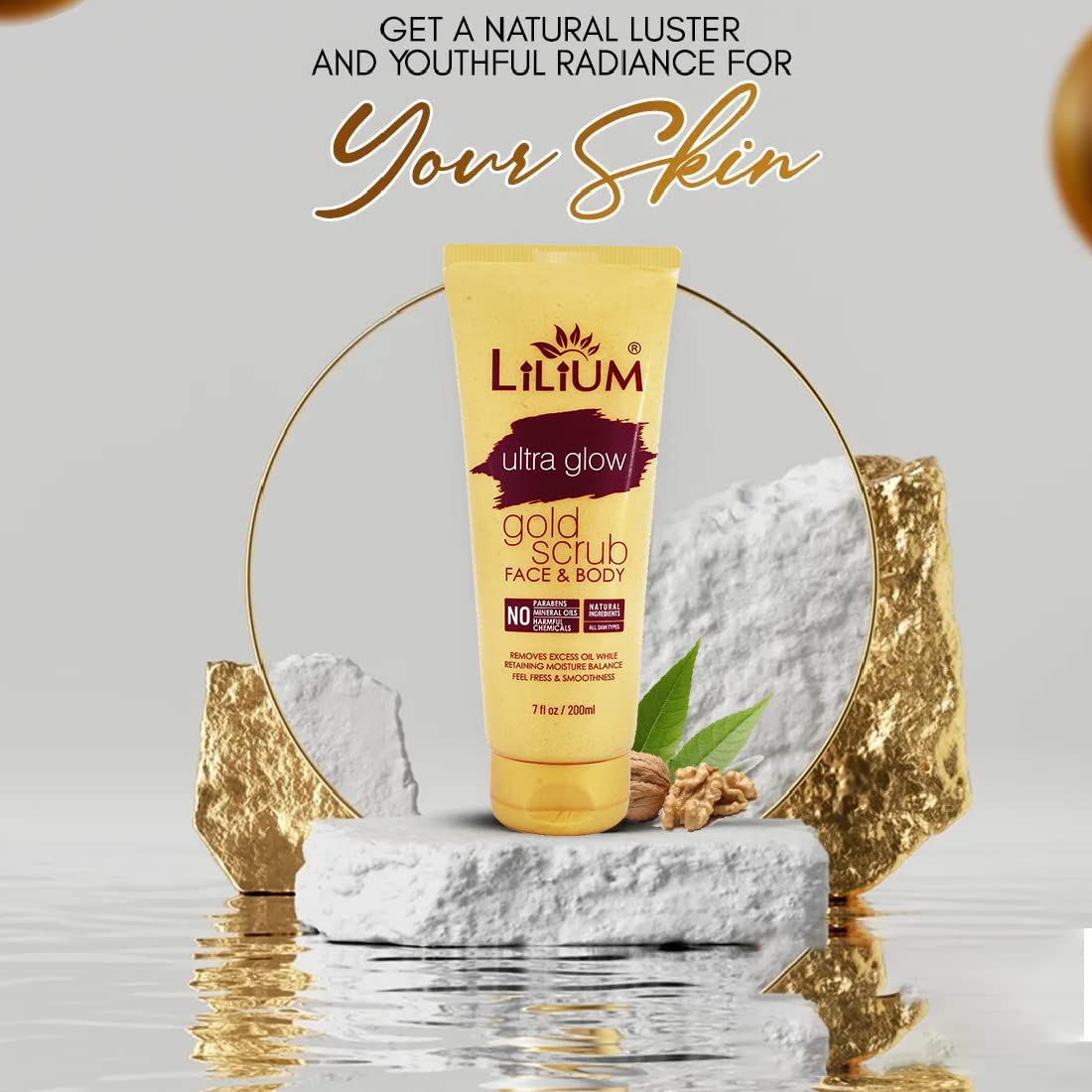 Lilium Gold Face & Body Scrub 200ml - Natural Exfoliator for Glowing Skin, Fresh & Smooth Feel, Paraben-Free & Chemical-Free - Pack of 2 - Perfect for Daily Skincare Routine & Spa Treatments